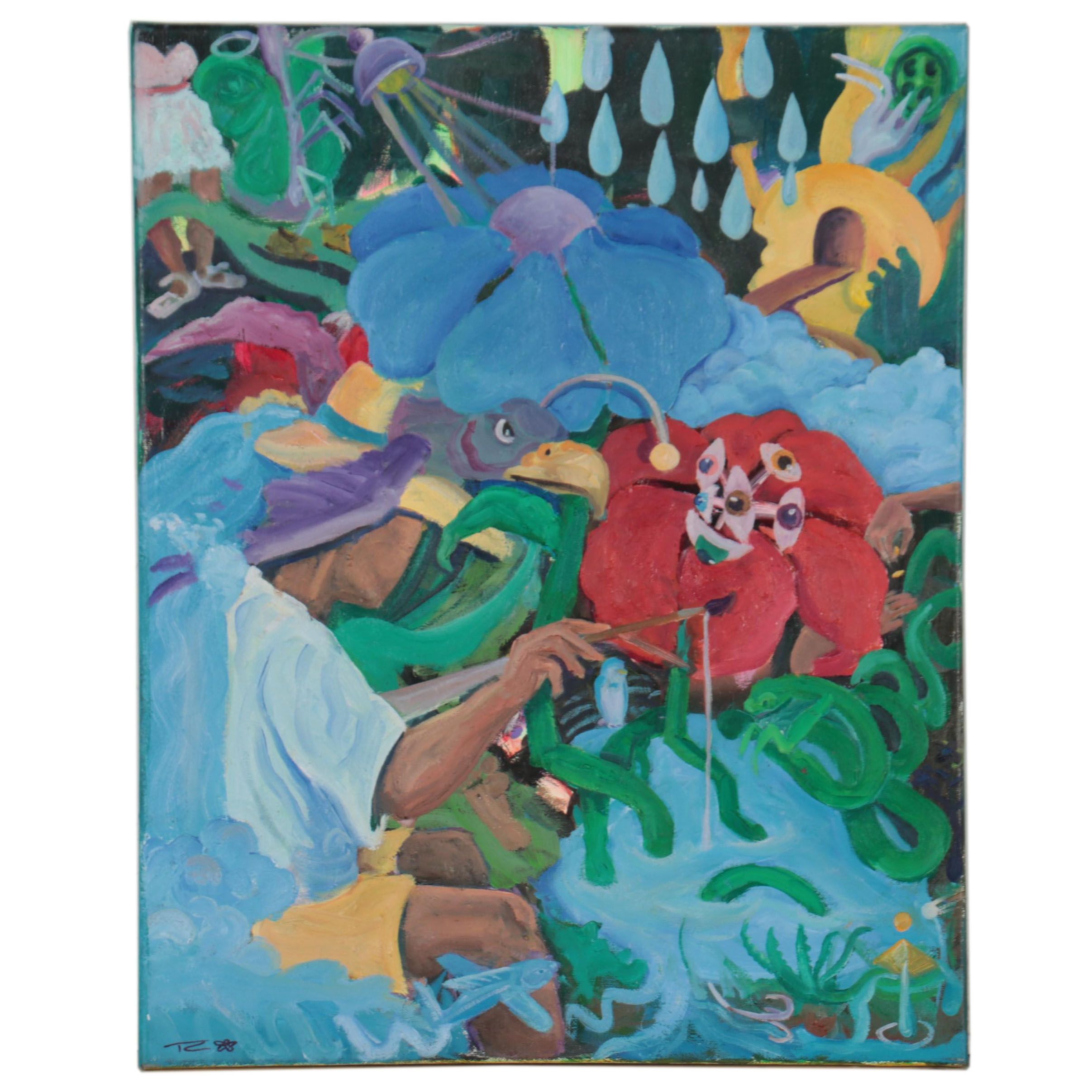 TC Thomason Surreal Acrylic Painting of Figures, Creatures, and Eyeballs