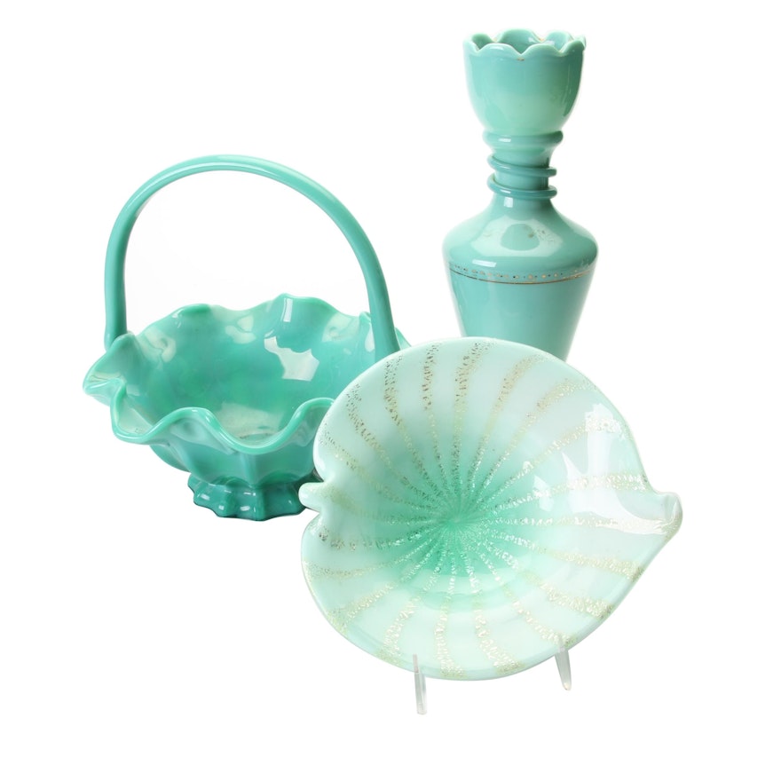 Art Glass Leaf Form Bowl, Handkerchief Basket, and Vase