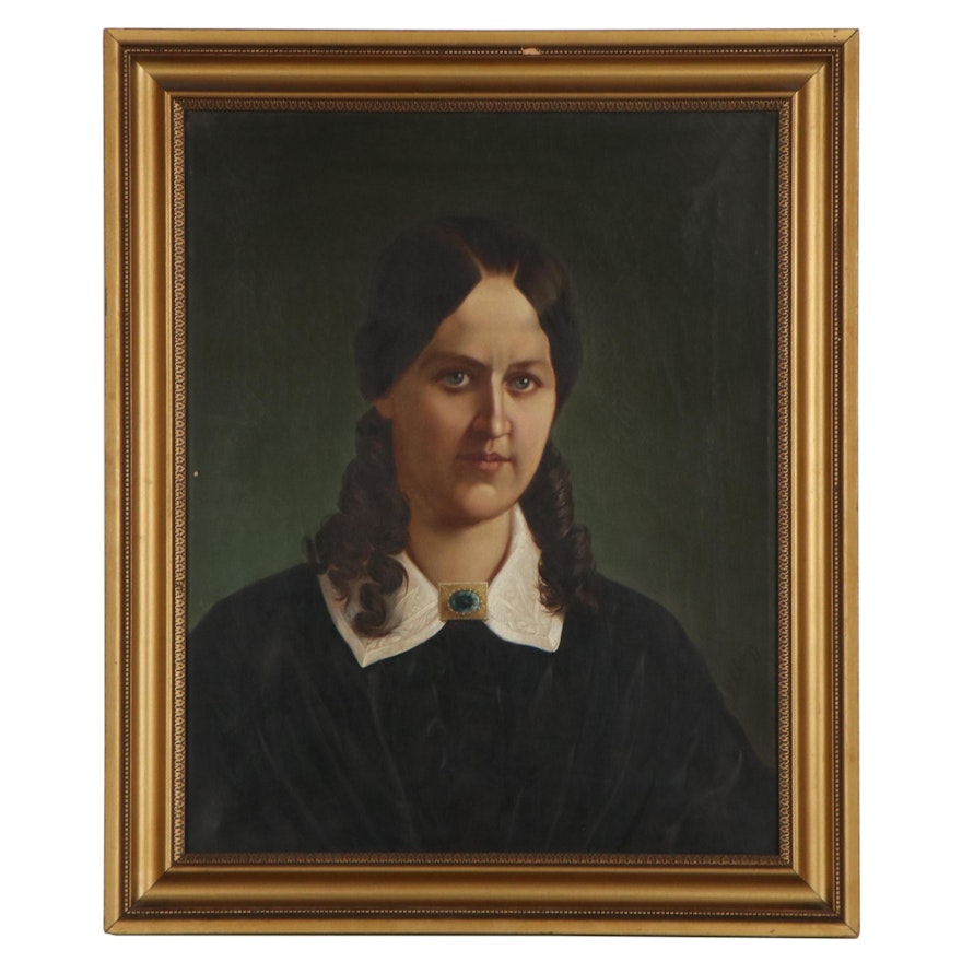 John N. Glogger Portrait Oil Painting of Woman, Circa 1860
