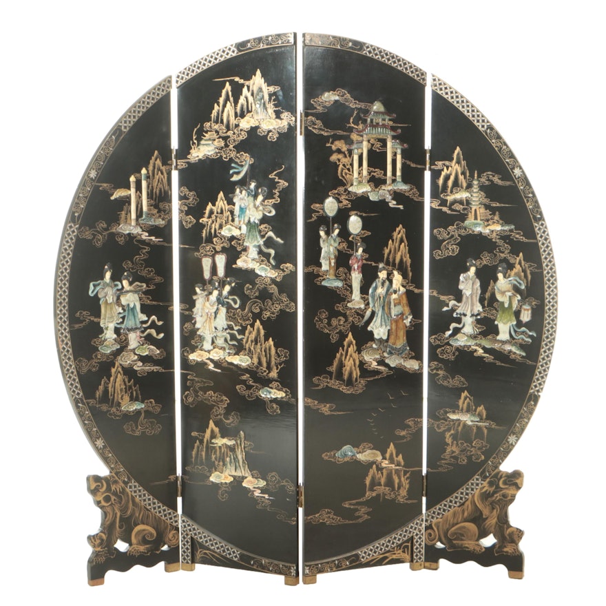 Chinese Stone and Resin Inlaid Round Floor Screen, Late 20th Century