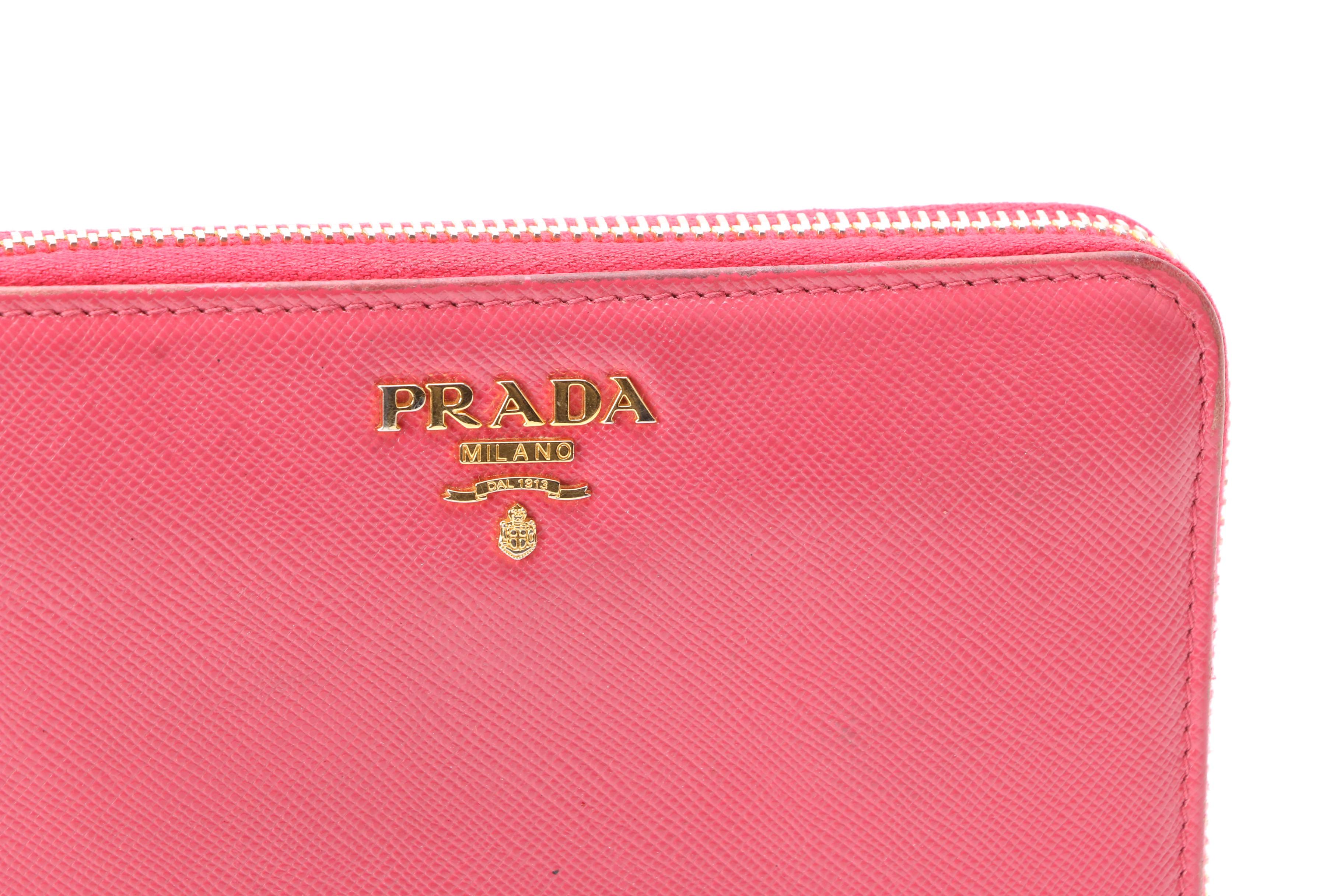 Prada Zipper Wallet Pink Saffiano Leather