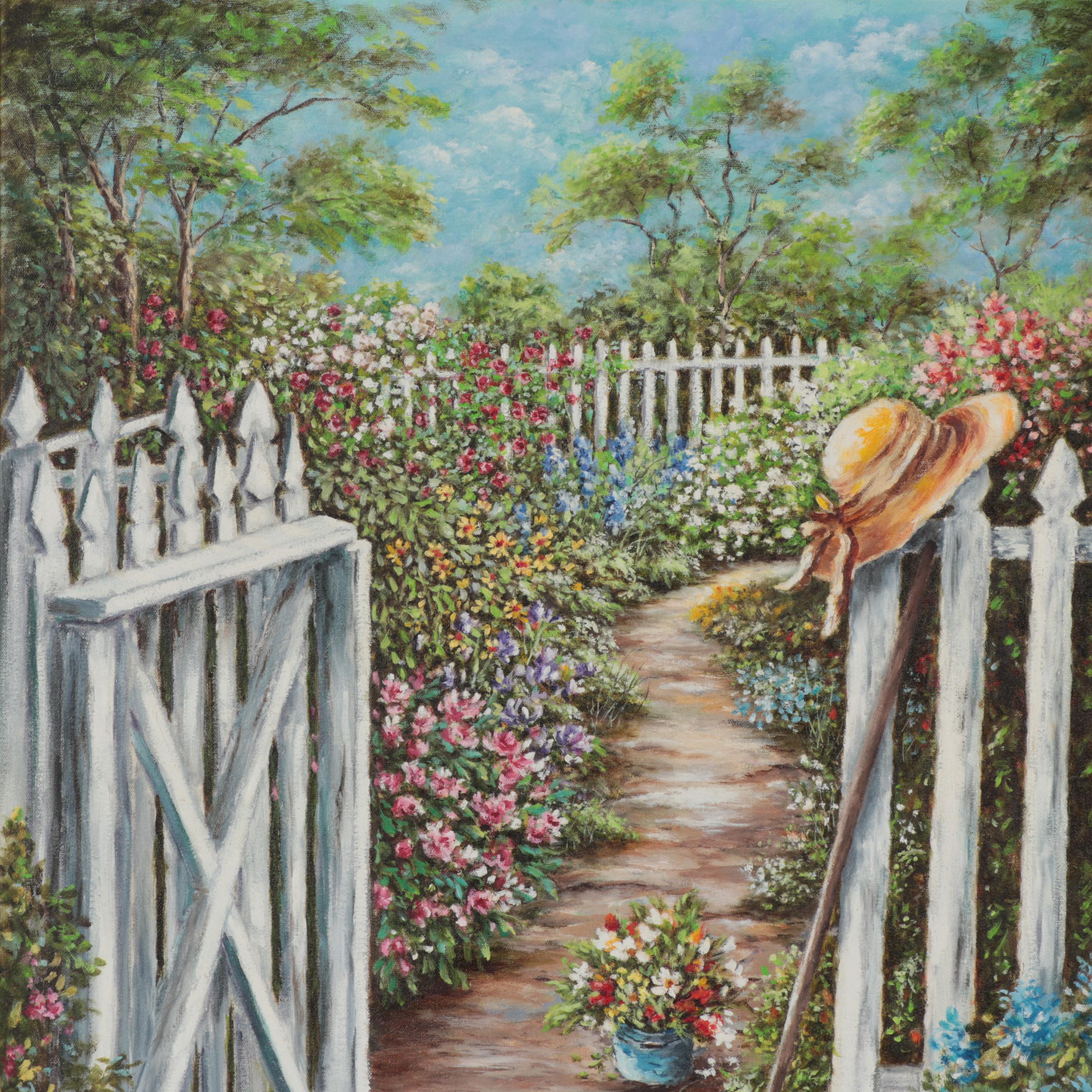 Garlin Russell Garden Landscape Oil Painting, Late 20th Century