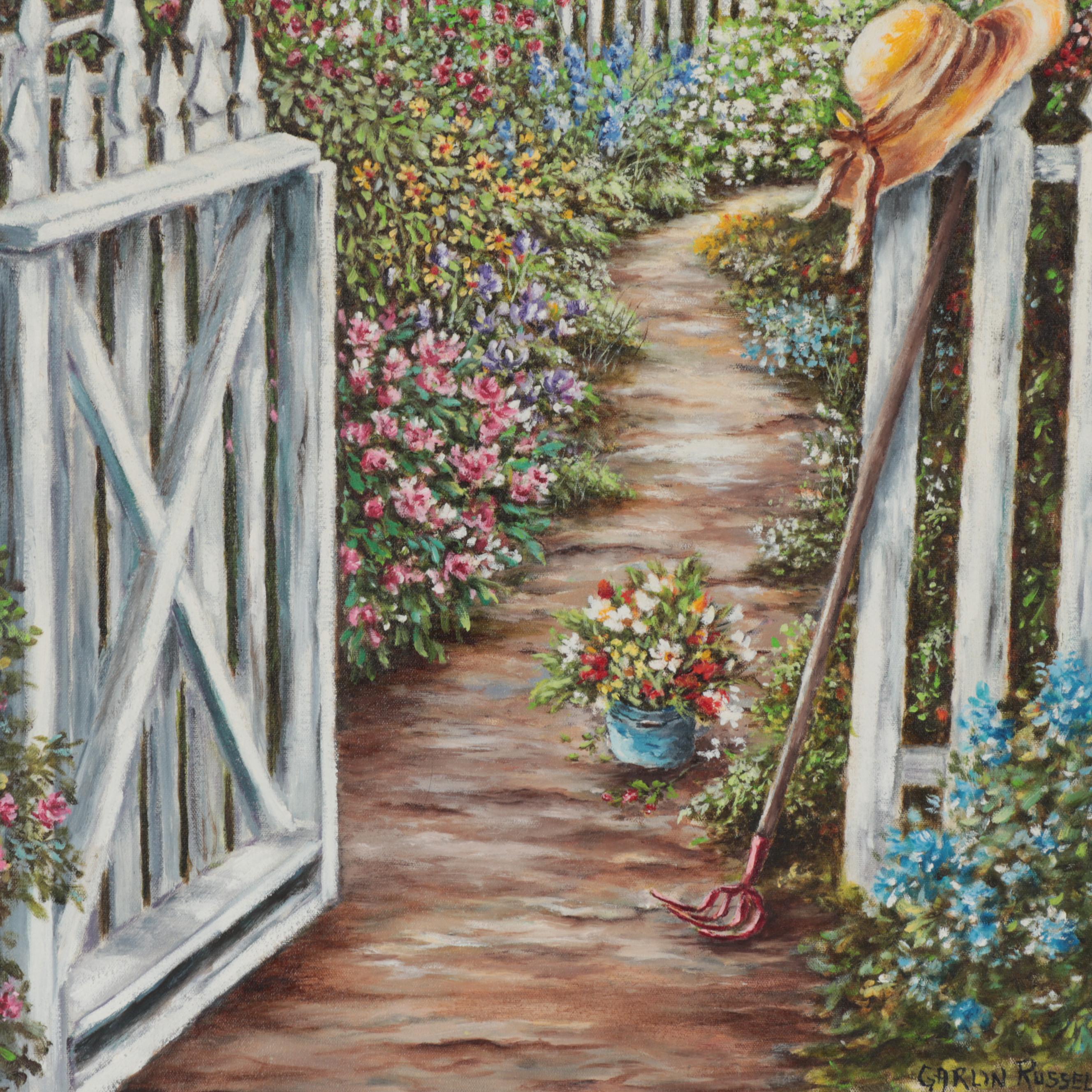 Garlin Russell Garden Landscape Oil Painting, Late 20th Century