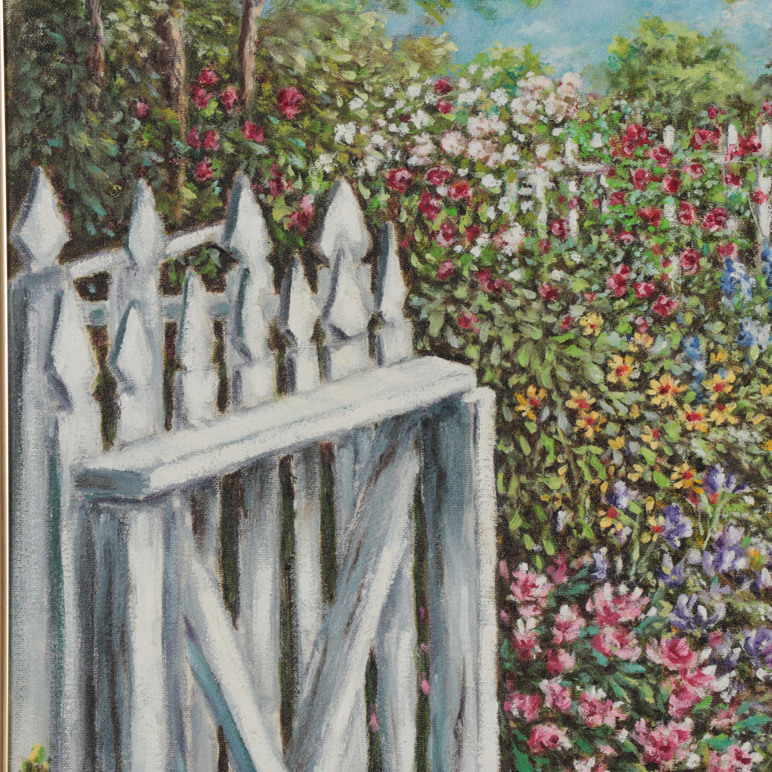 Garlin Russell Garden Landscape Oil Painting, Late 20th Century