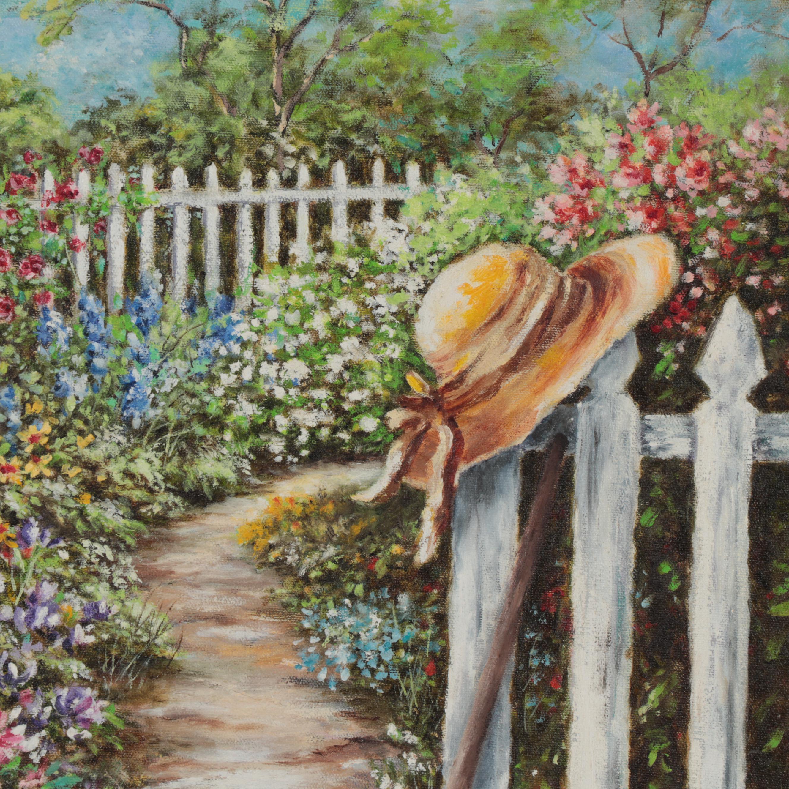 Garlin Russell Garden Landscape Oil Painting, Late 20th Century