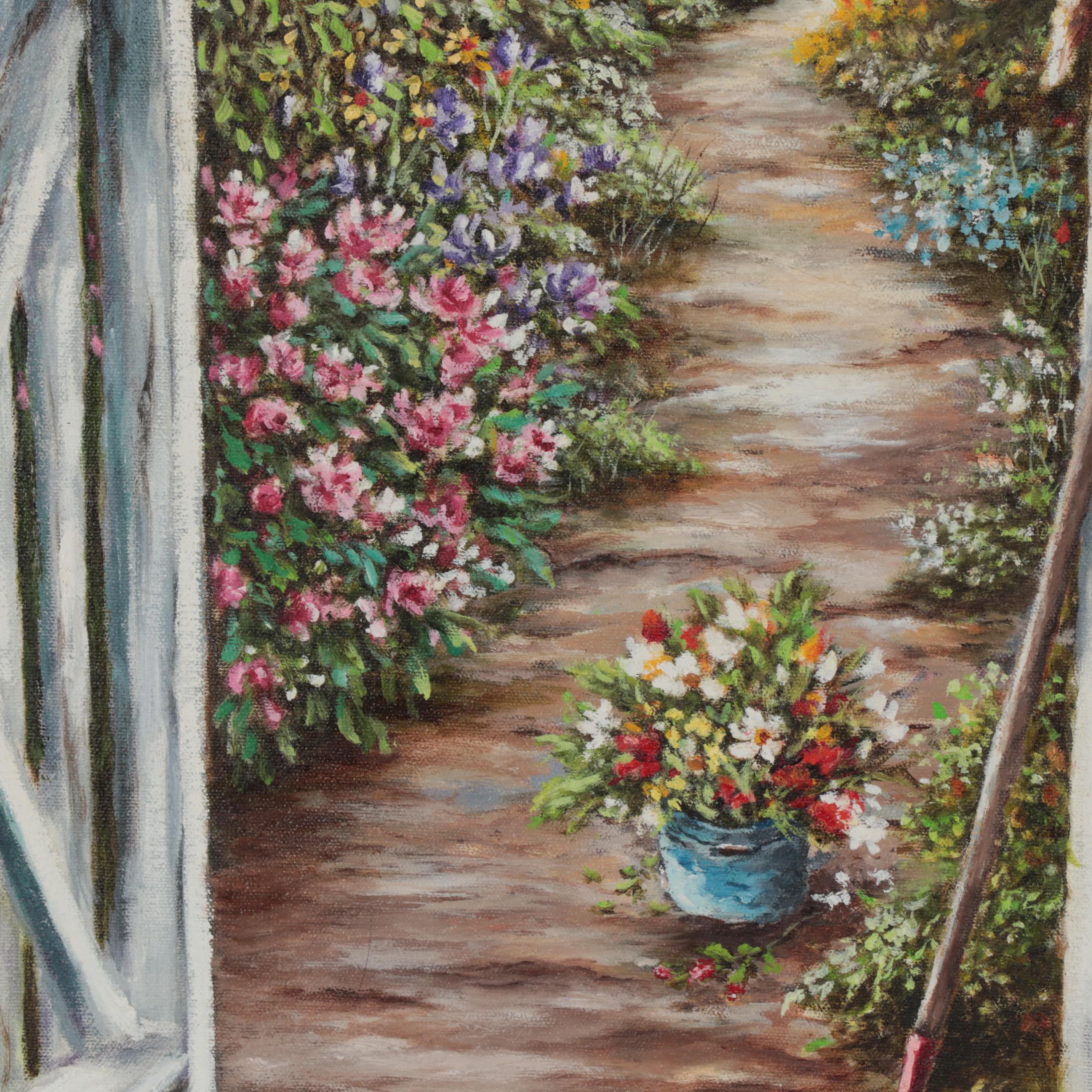 Garlin Russell Garden Landscape Oil Painting, Late 20th Century