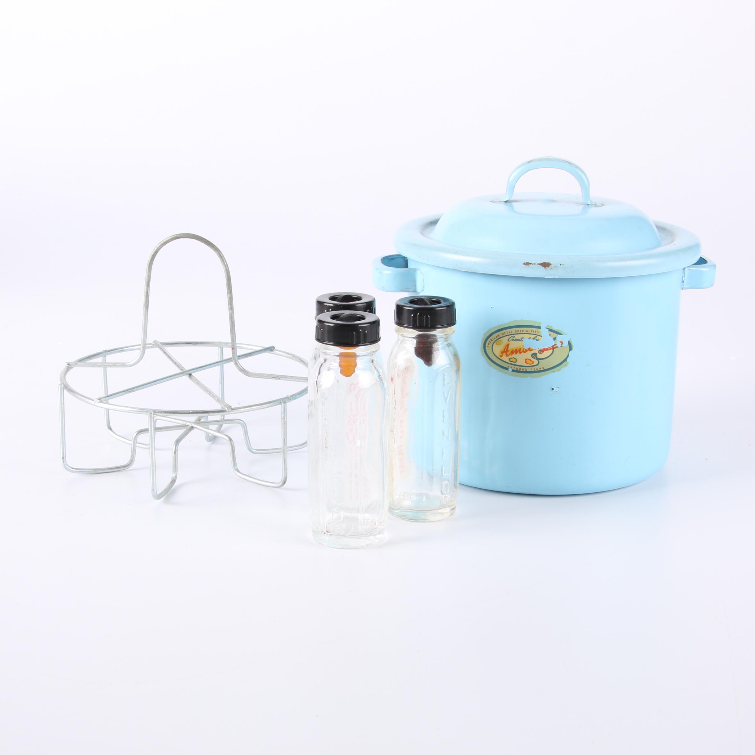 Glasco Baby Jar and Tray Set, Evenflo Bottles, and Enamelware, Mid-20th Century