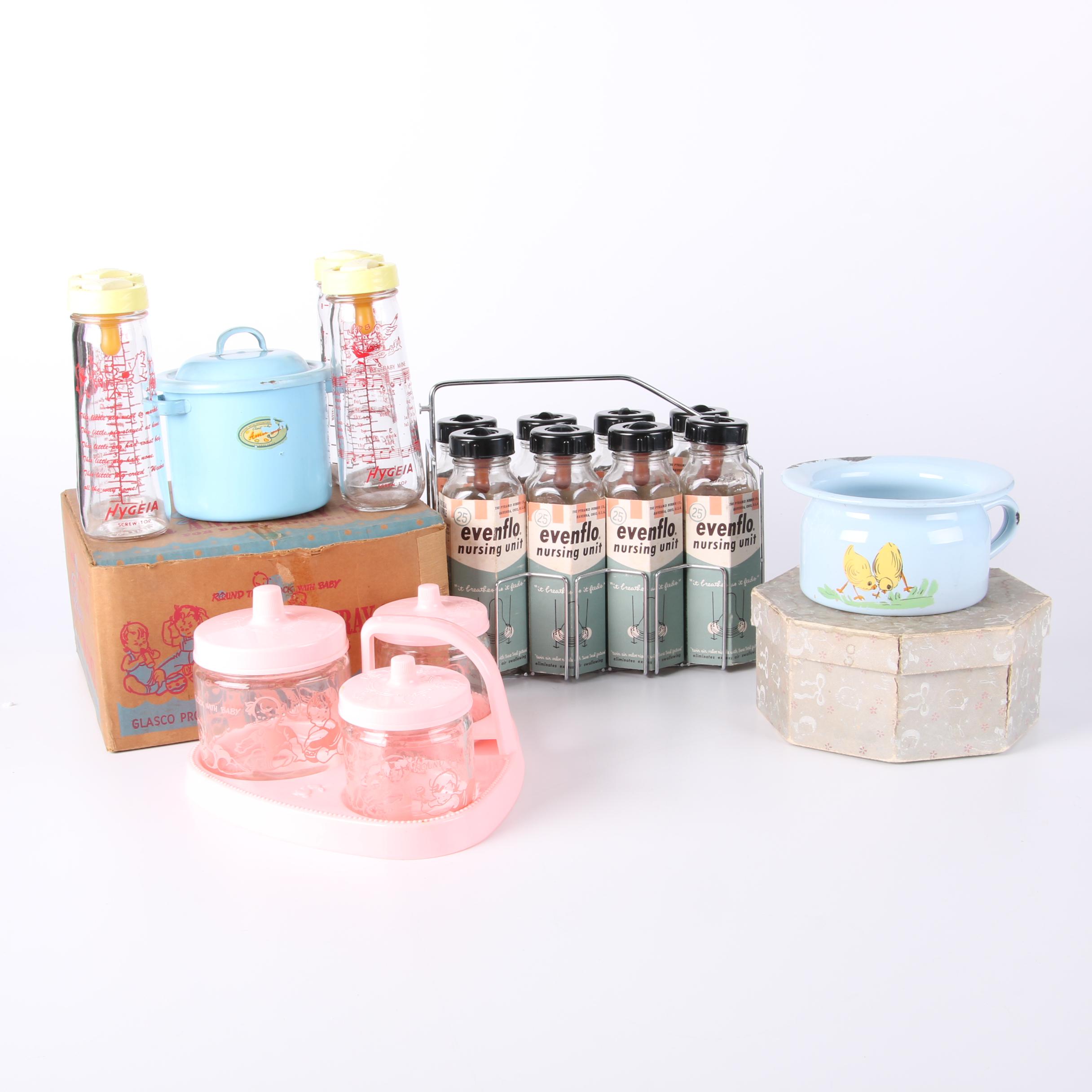 Glasco Baby Jar and Tray Set, Evenflo Bottles, and Enamelware, Mid-20th Century