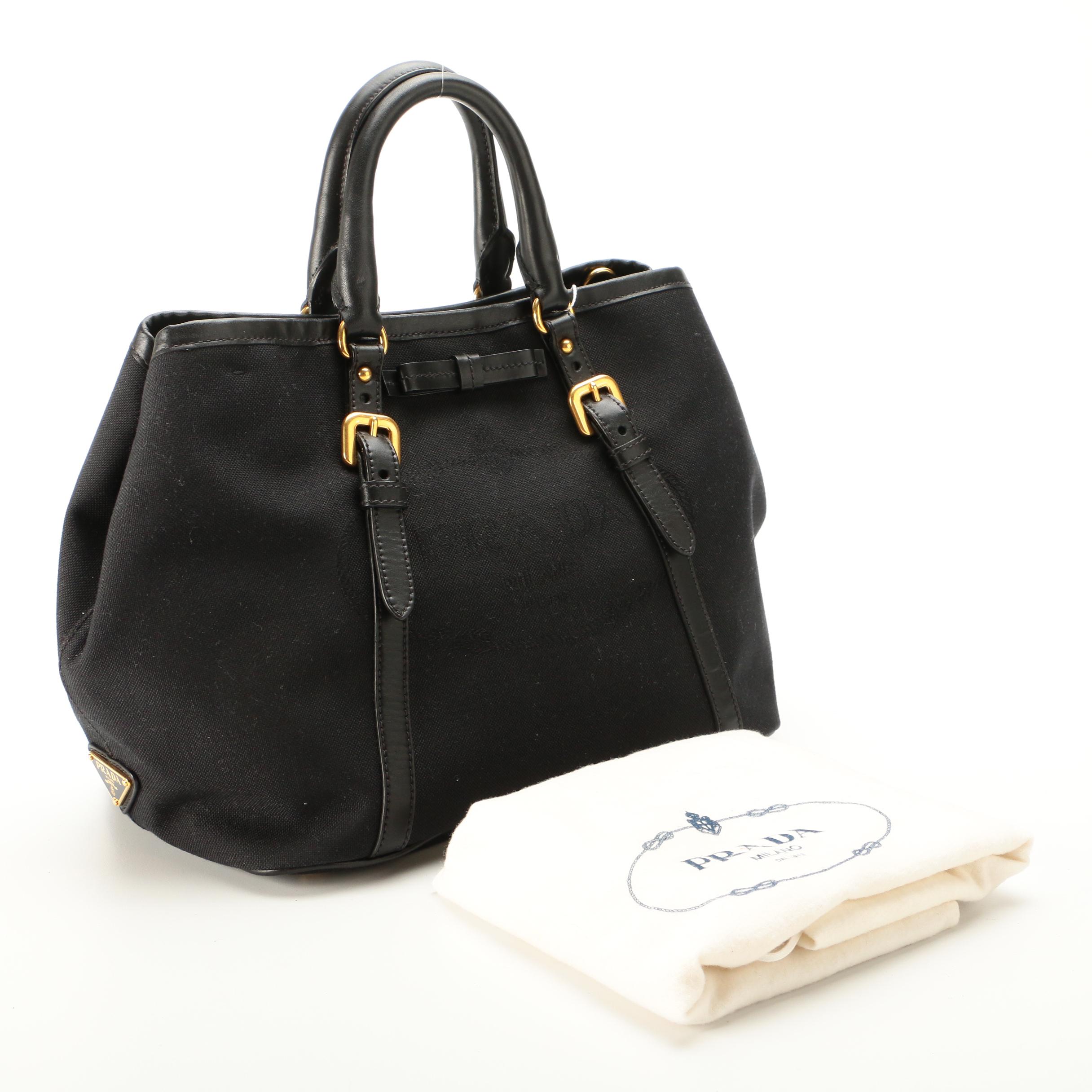 Prada Black Canapa Canvas and Leather Tote