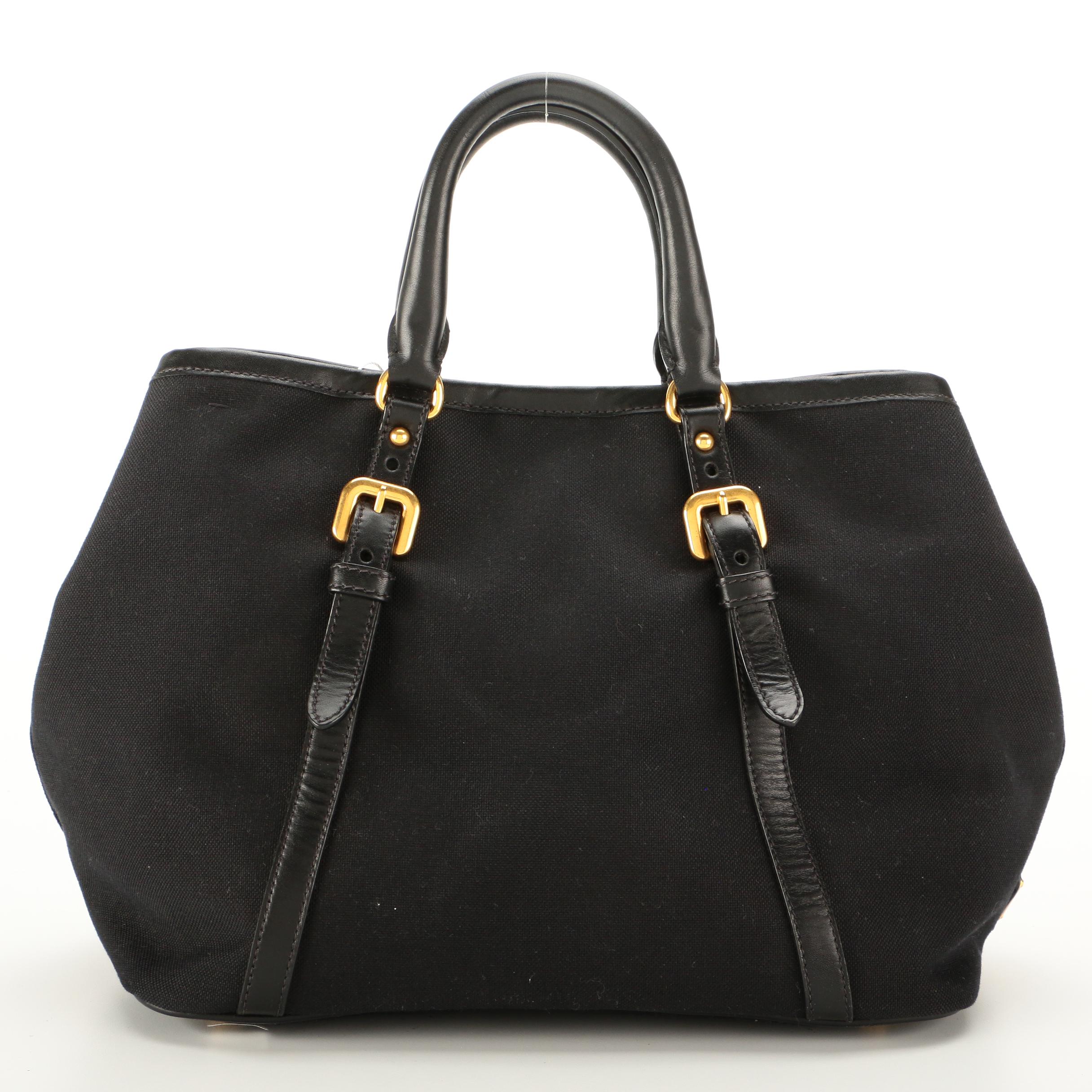 Prada Black Canapa Canvas and Leather Tote