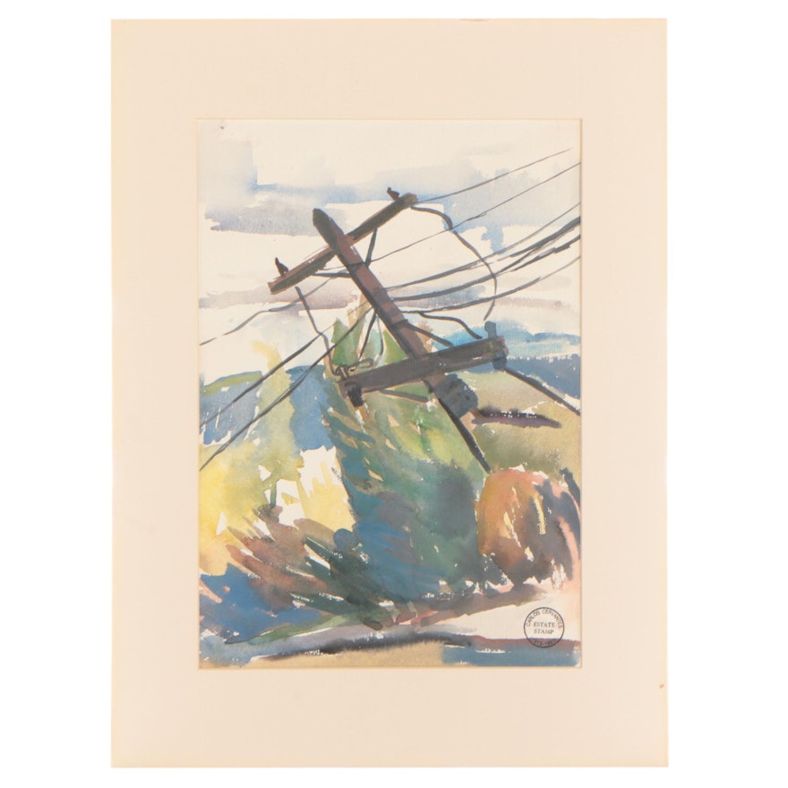 Carlos Cervantes Watercolor Painting of Utility Pole, Late 20th Century