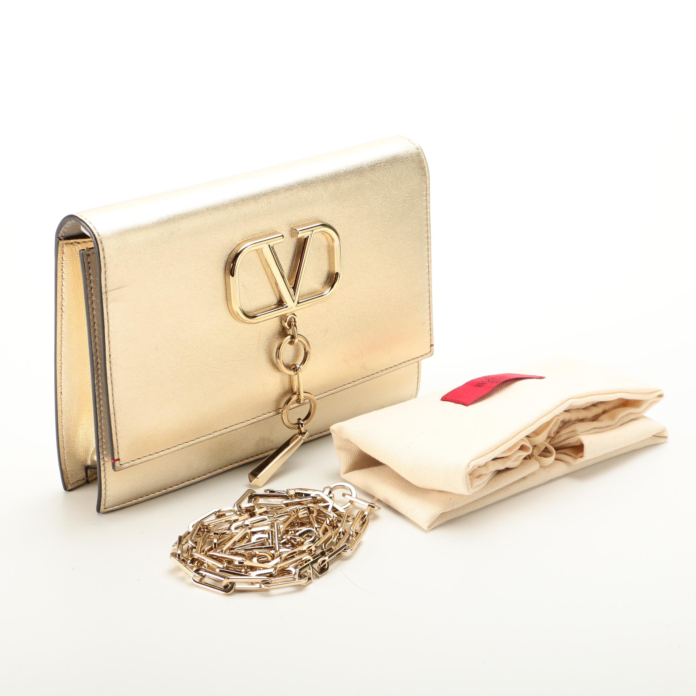 Valentino Flap Front Convertible Clutch in Gold Metallic Leather