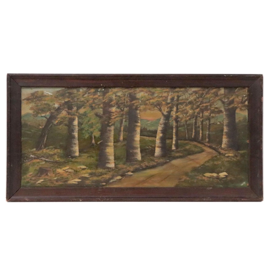 Landscape Oil Painting of Forest Path, Mid-20th Century