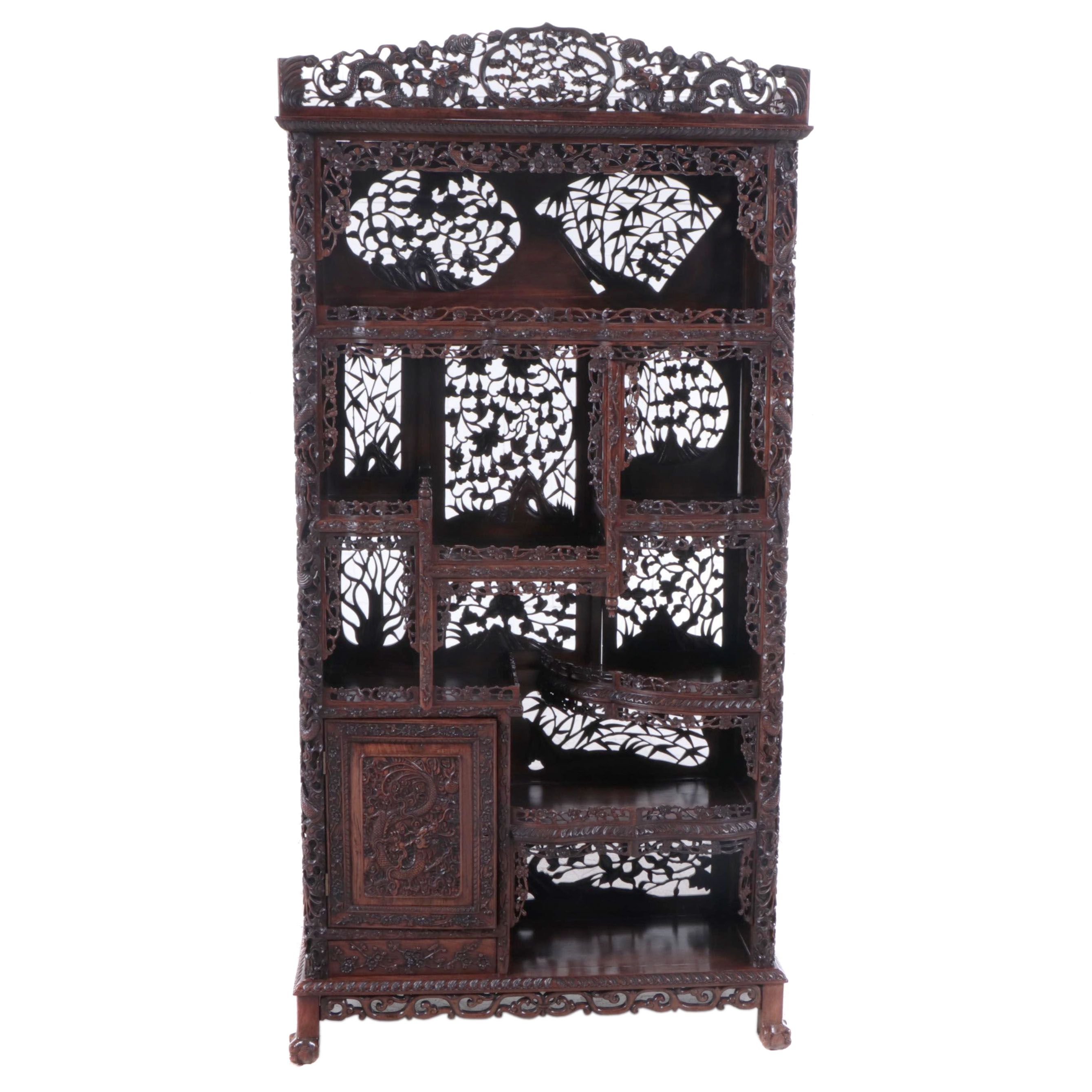 Chinese Pierced and Dragon-Carved Rosewood Curio Cabinet