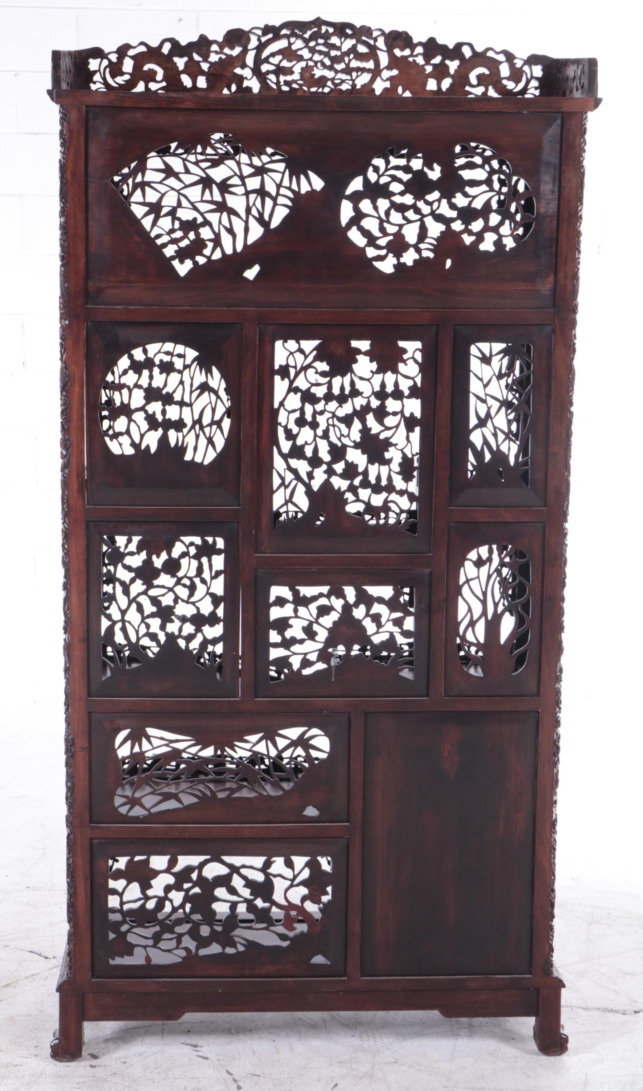 Chinese Pierced and Dragon-Carved Rosewood Curio Cabinet