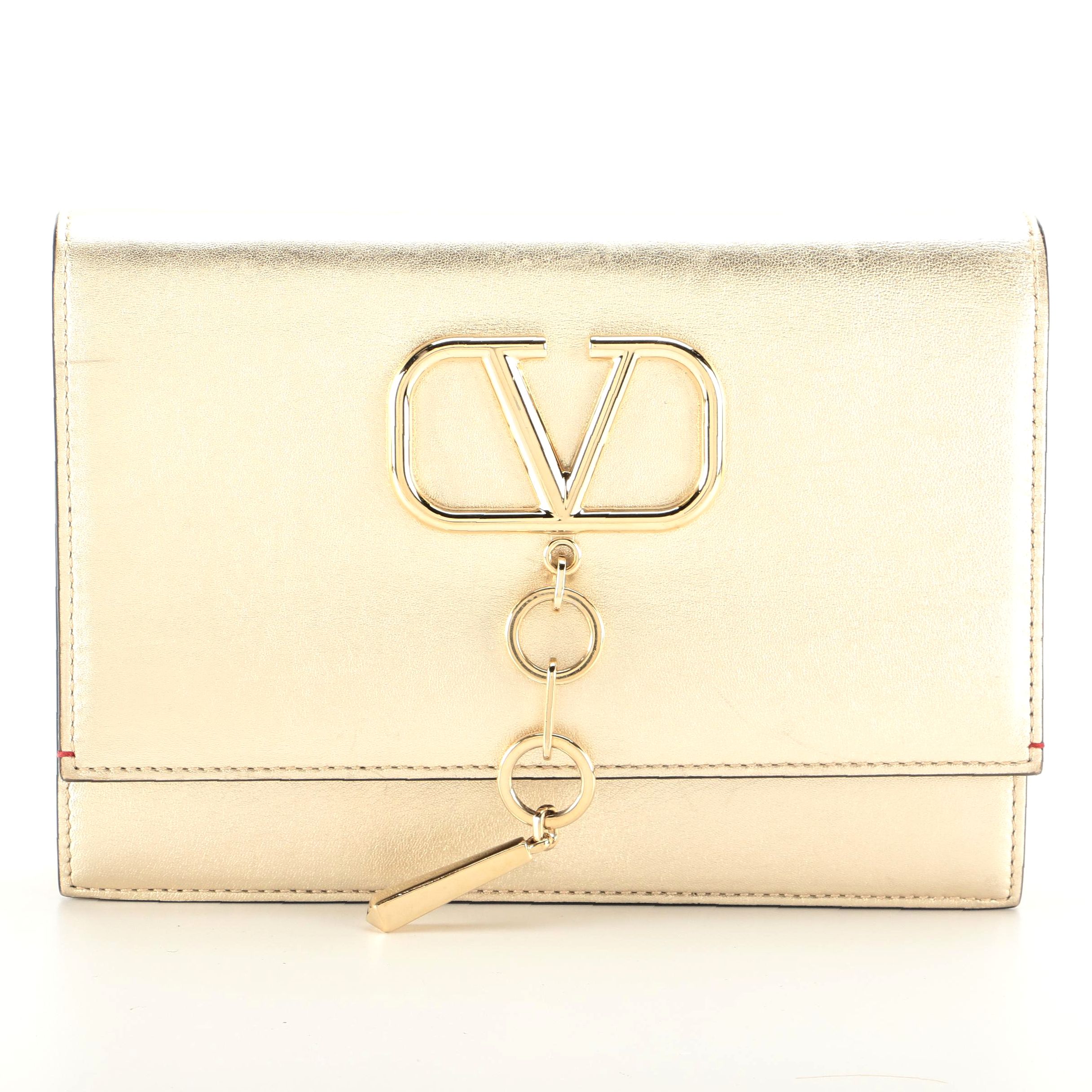 Valentino Flap Front Convertible Clutch in Gold Metallic Leather