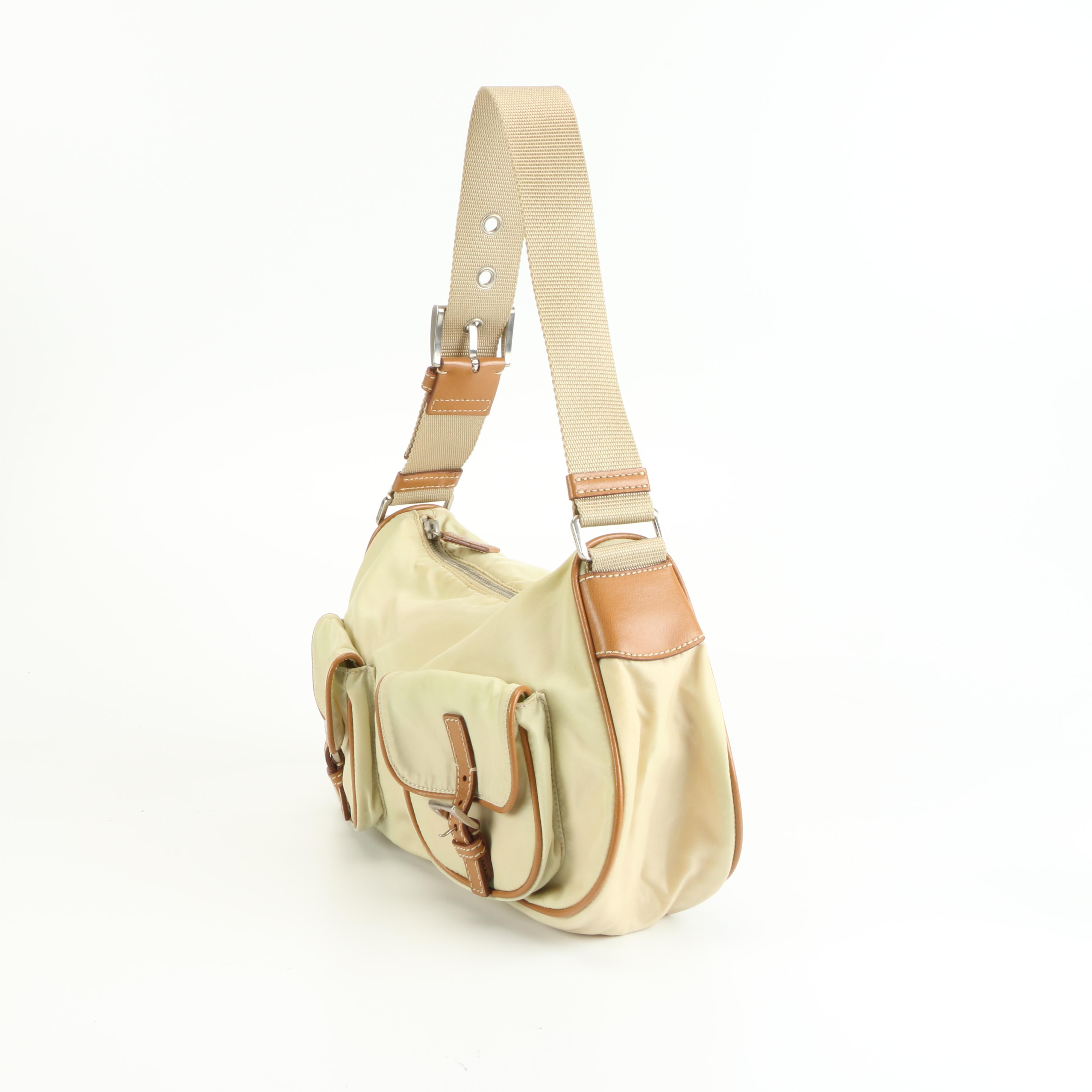 Prada Tessuto Baguette Bag in Khaki Nylon with Brown Leather Trims
