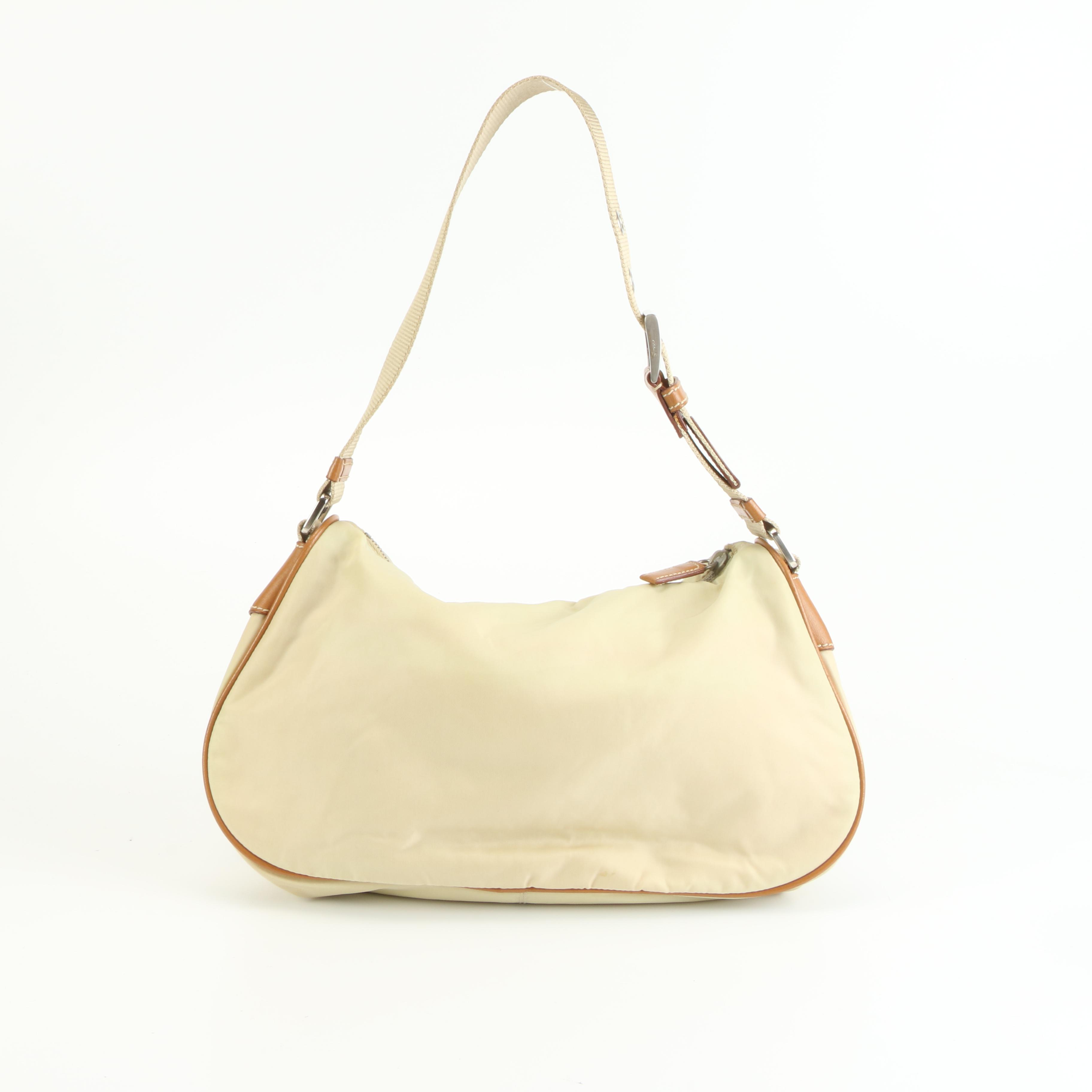 Prada Tessuto Baguette Bag in Khaki Nylon with Brown Leather Trims