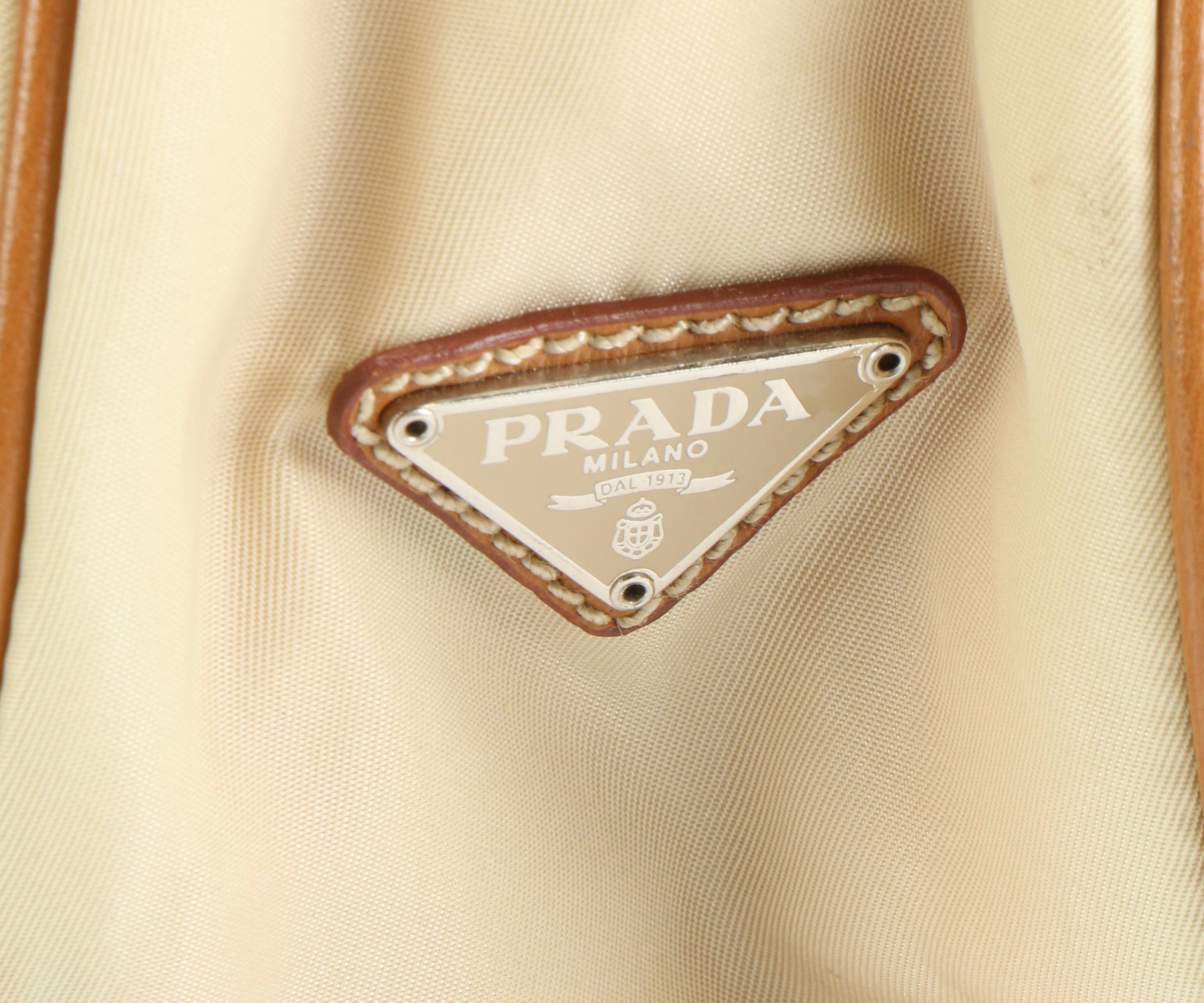 Prada Tessuto Baguette Bag in Khaki Nylon with Brown Leather Trims