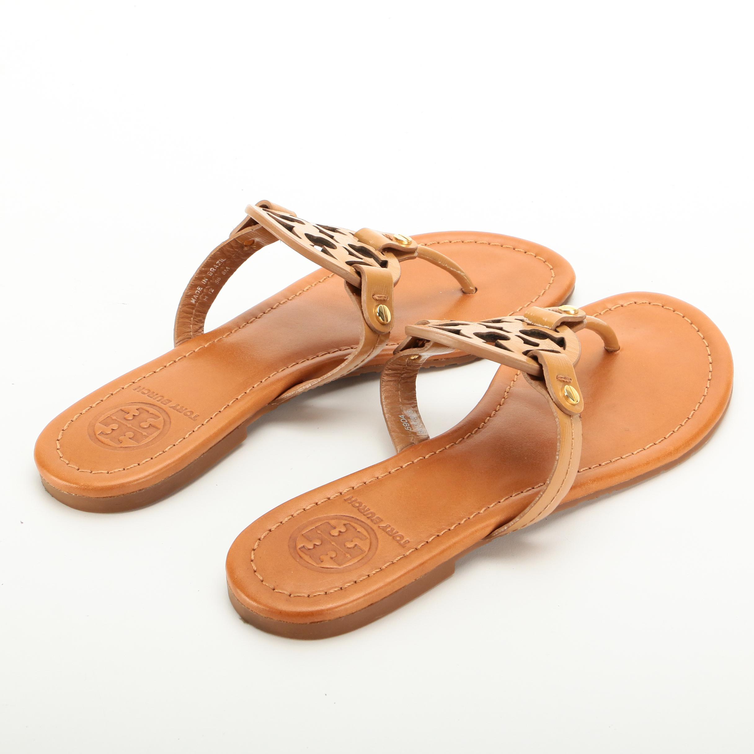 Tory Burch Miller Sandal in Tan Patent Leather with Gold Hardware