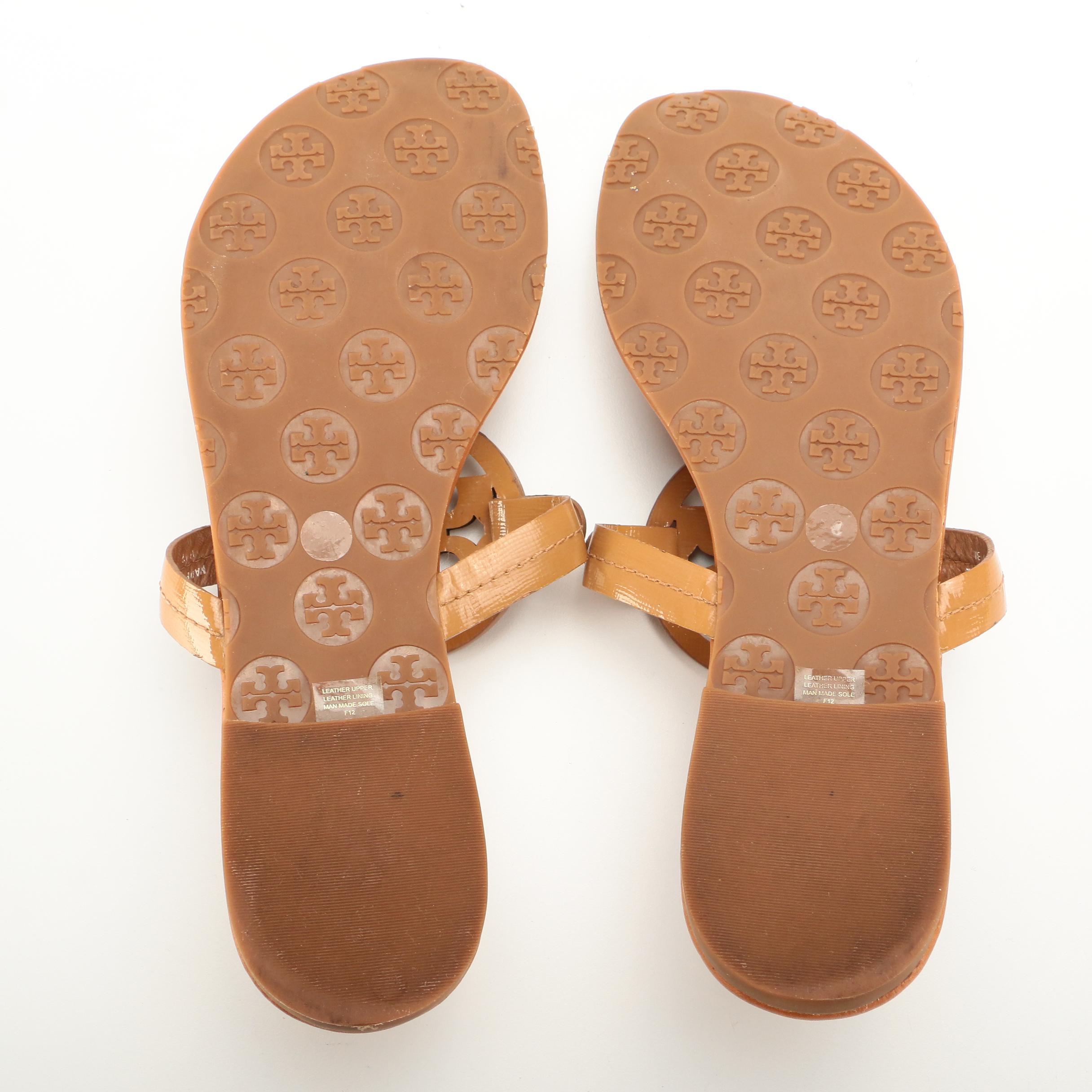Tory Burch Miller Sandal in Tan Patent Leather with Gold Hardware
