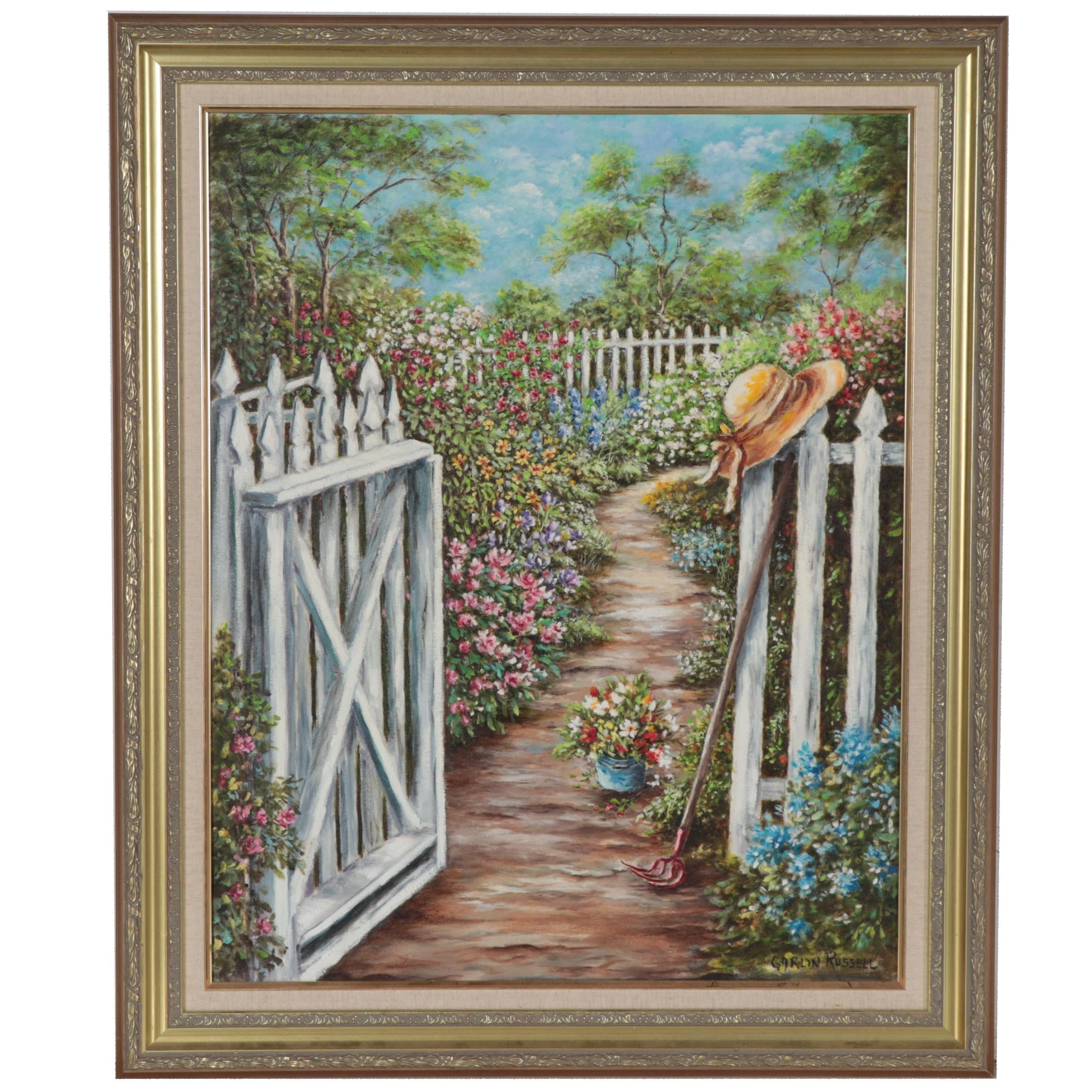 Garlin Russell Garden Landscape Oil Painting, Late 20th Century
