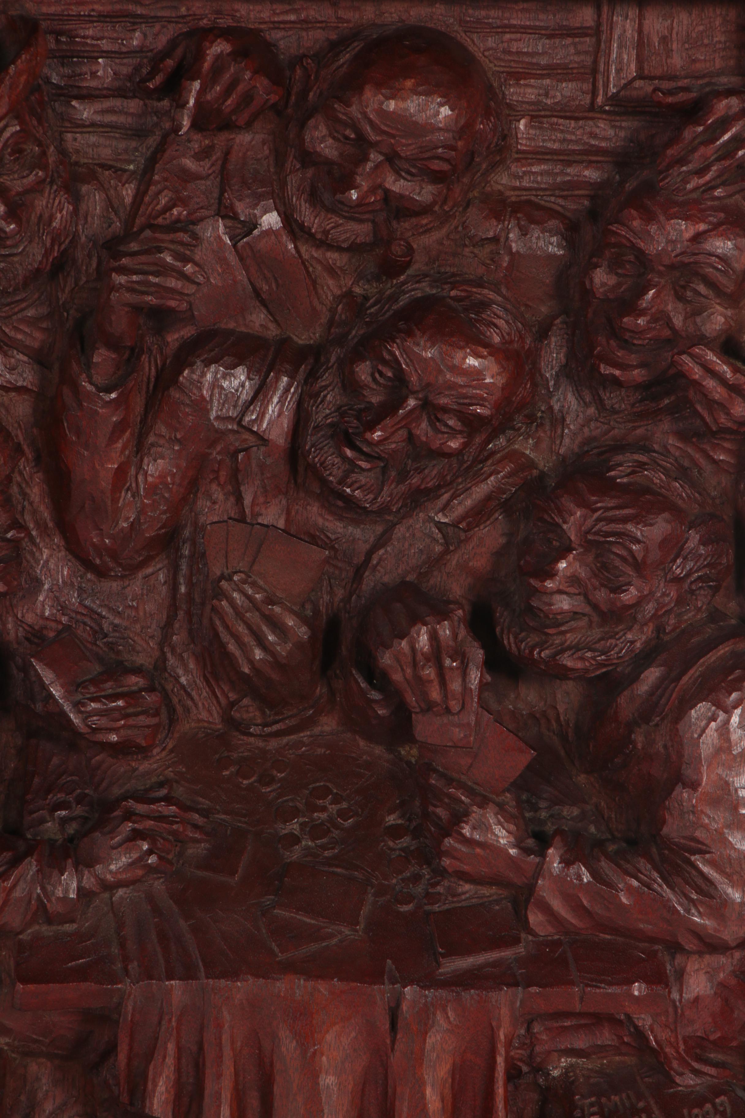 Emil Janel Relief Wood Carving "The Poker Game," 1929