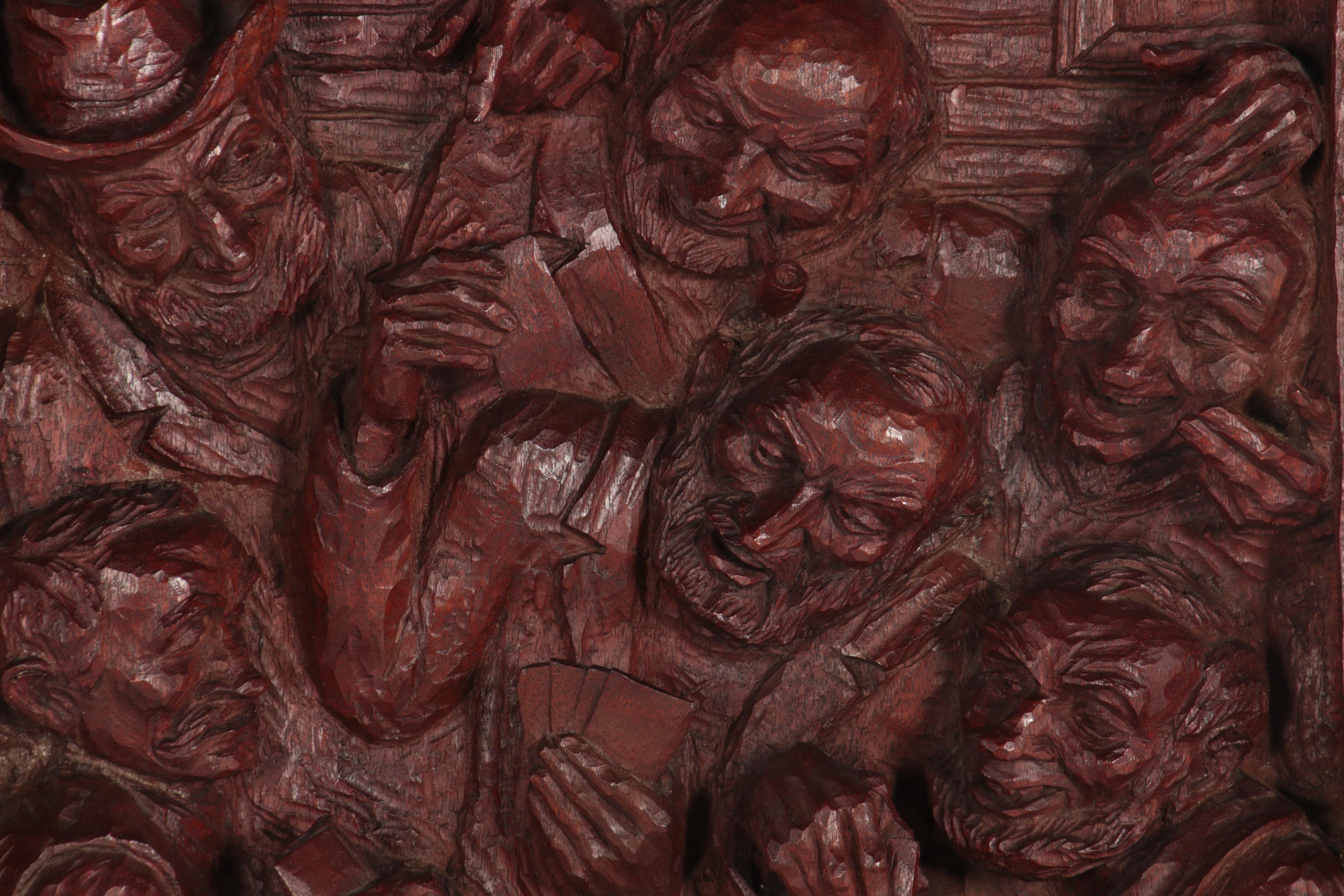 Emil Janel Relief Wood Carving "The Poker Game," 1929