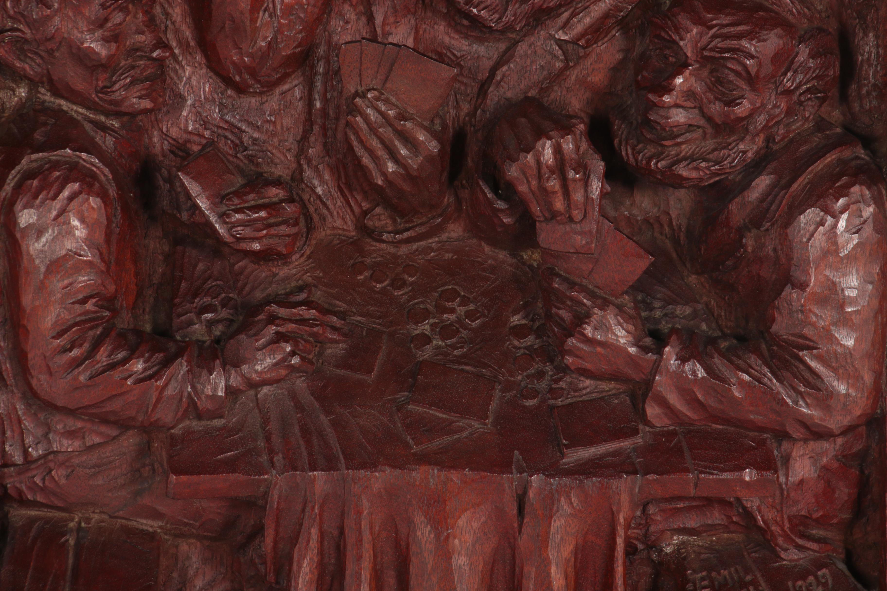 Emil Janel Relief Wood Carving "The Poker Game," 1929