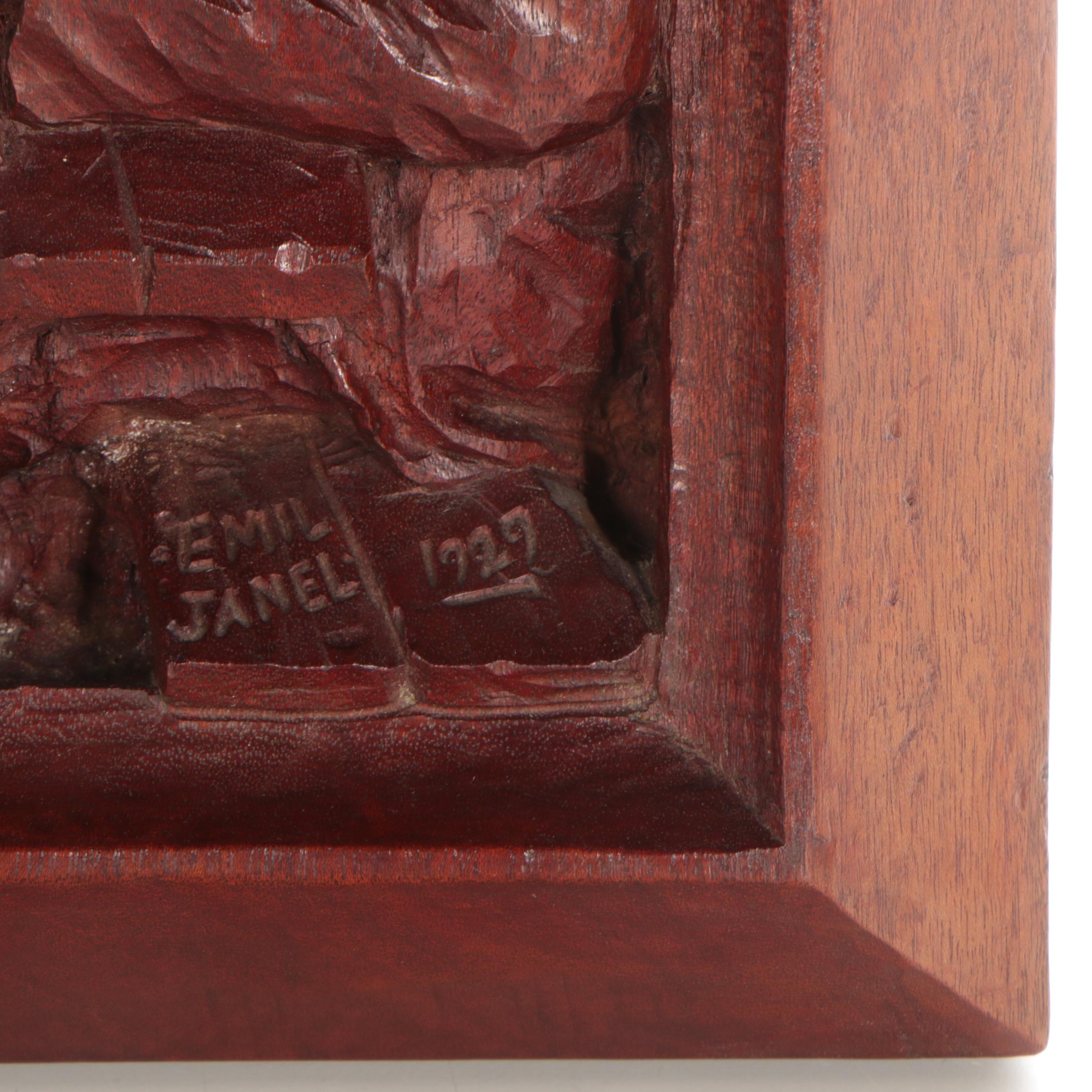 Emil Janel Relief Wood Carving "The Poker Game," 1929