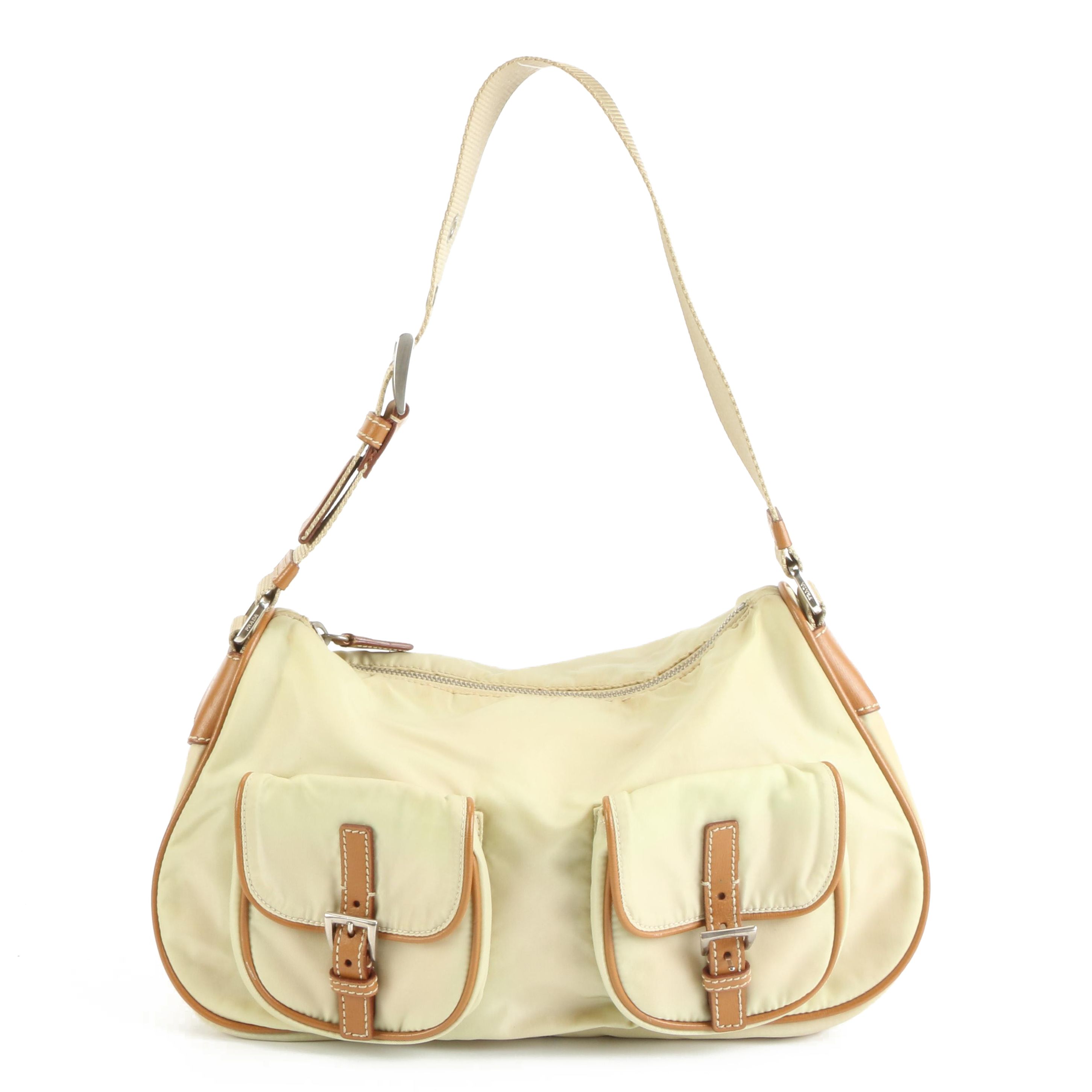 Prada Tessuto Baguette Bag in Khaki Nylon with Brown Leather Trims