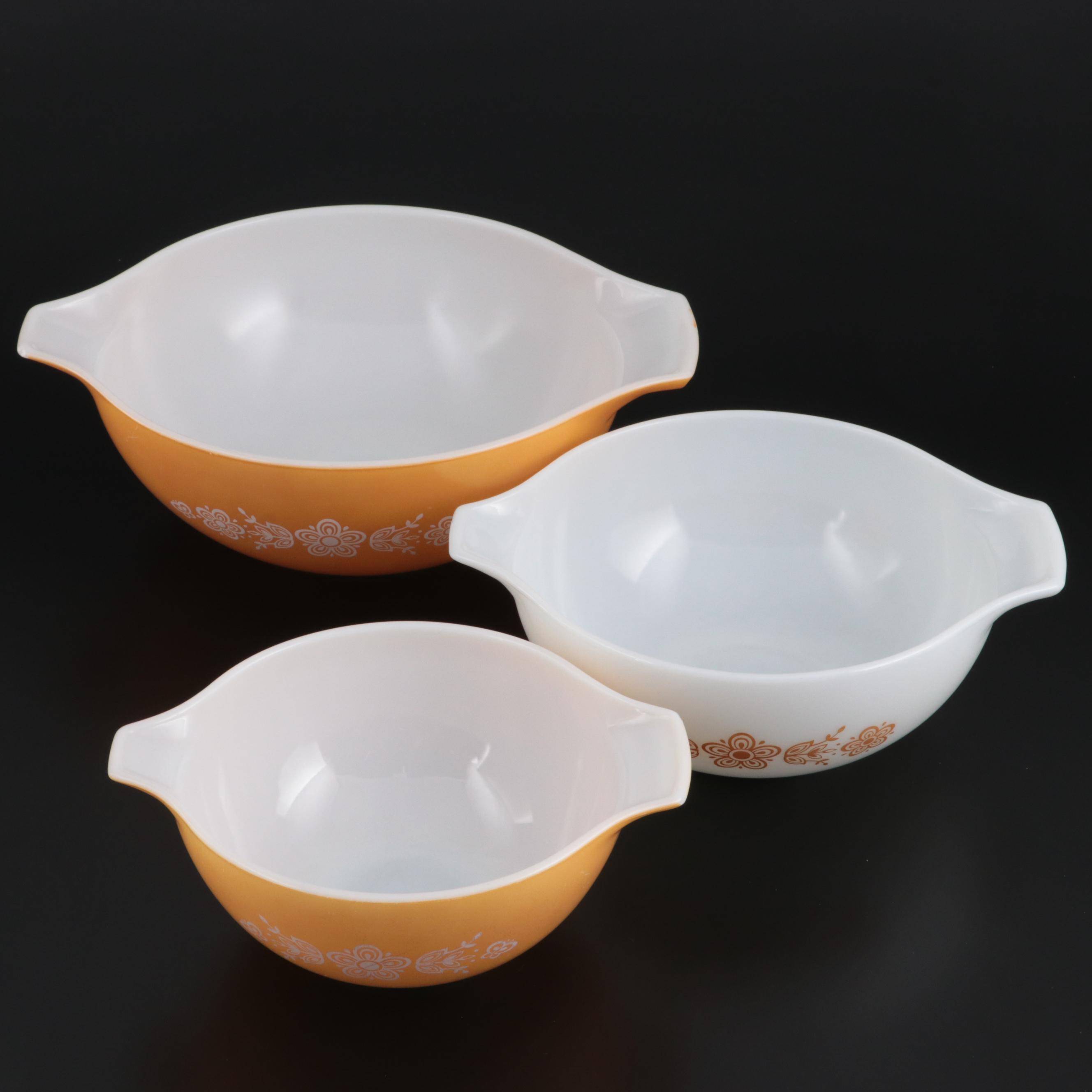 Pyrex "Butterfly Gold" Glass Nesting Bowls, 1972–1978