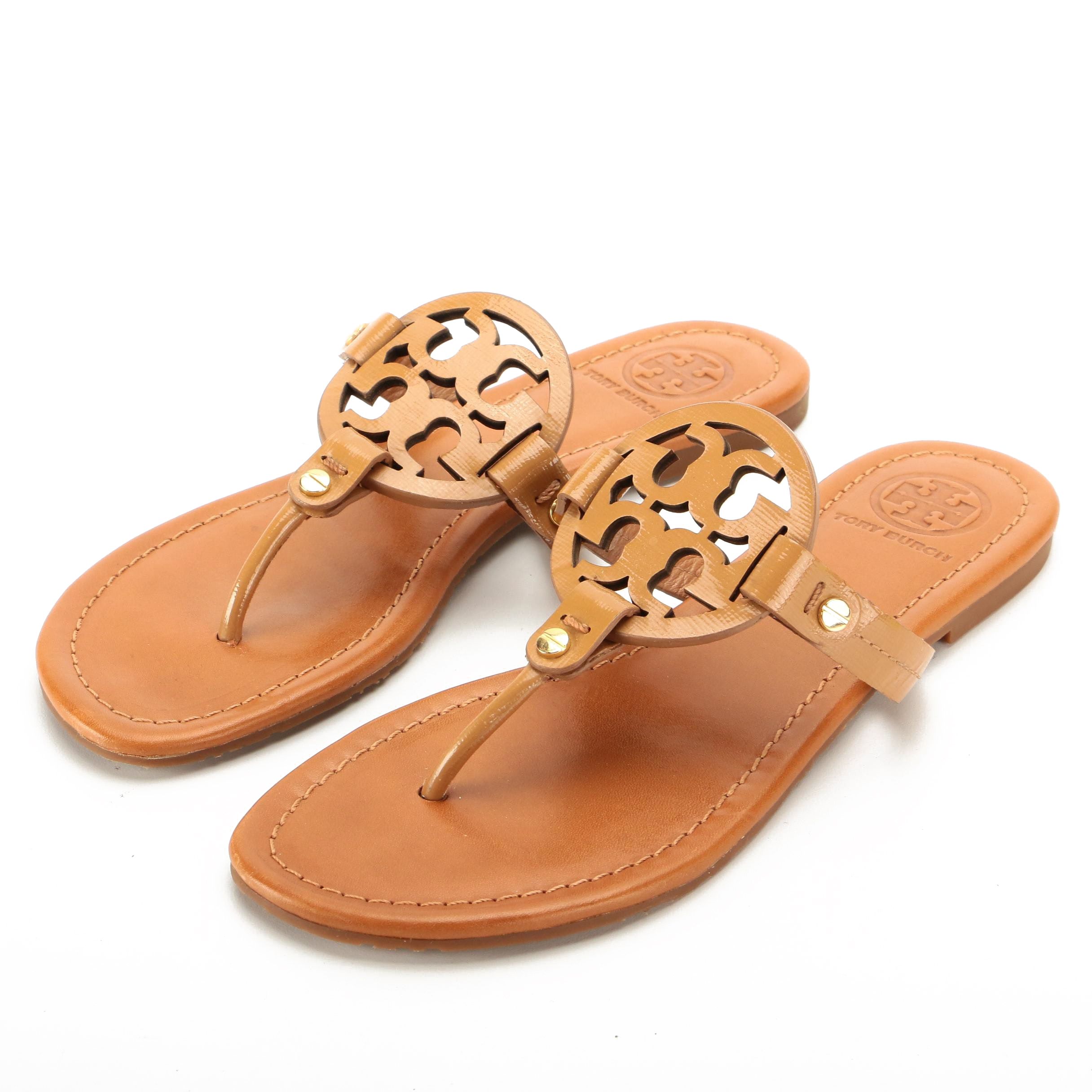 Tory Burch Miller Sandal in Tan Patent Leather with Gold Hardware