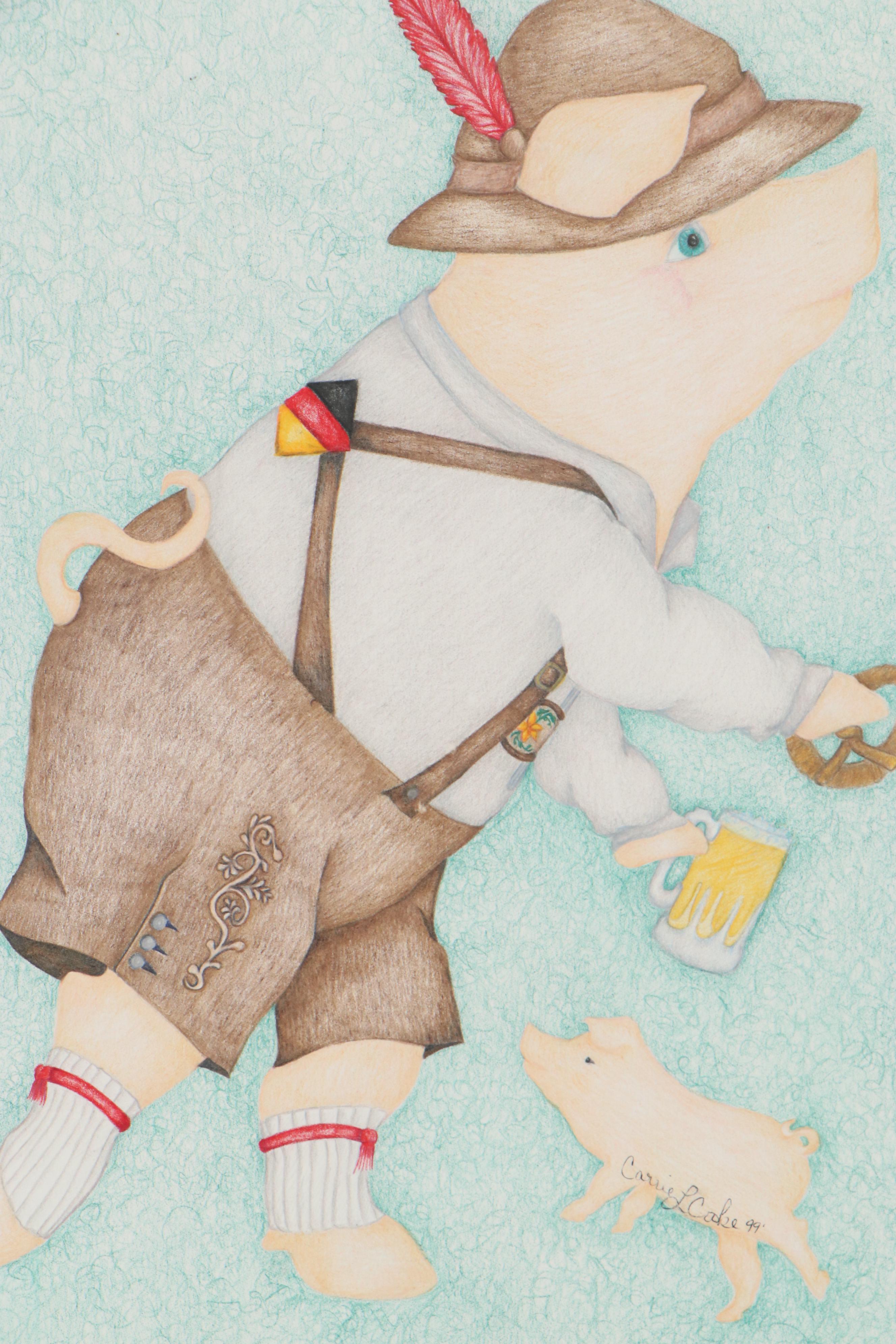Carrie Lynn Cooke Colored Pencil Illustration "Oinktoberfest," 1999