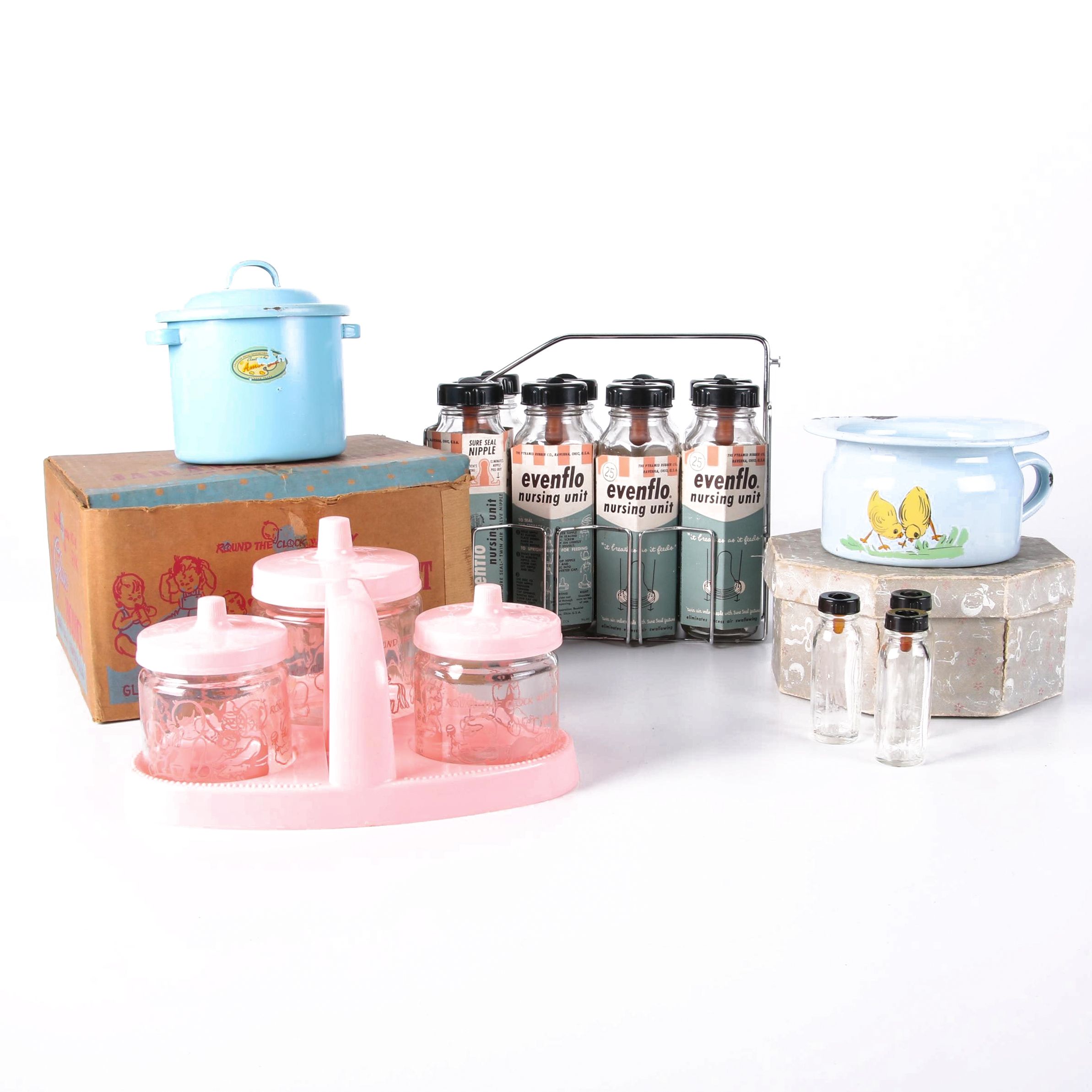 Glasco Baby Jar and Tray Set, Evenflo Bottles, and Enamelware, Mid-20th Century