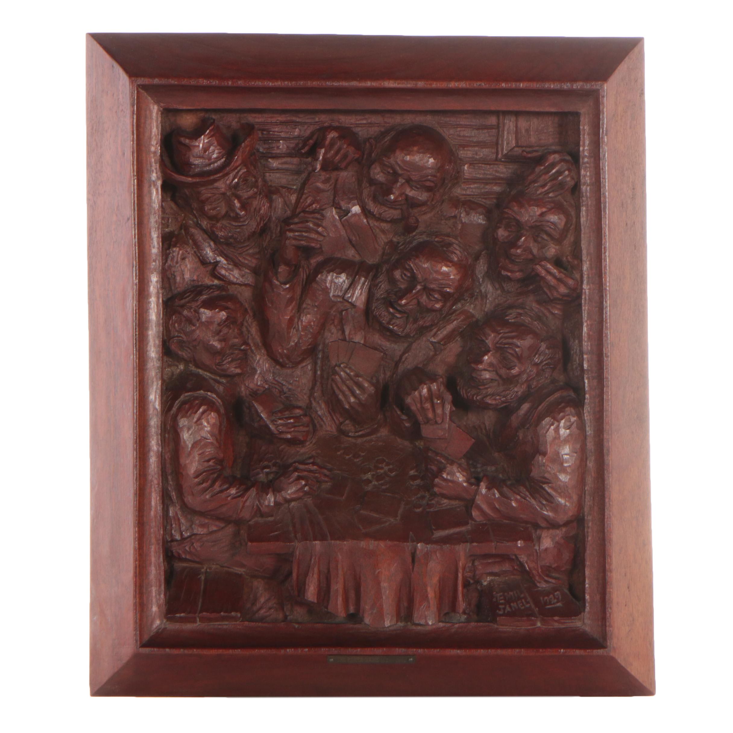 Emil Janel Relief Wood Carving "The Poker Game," 1929