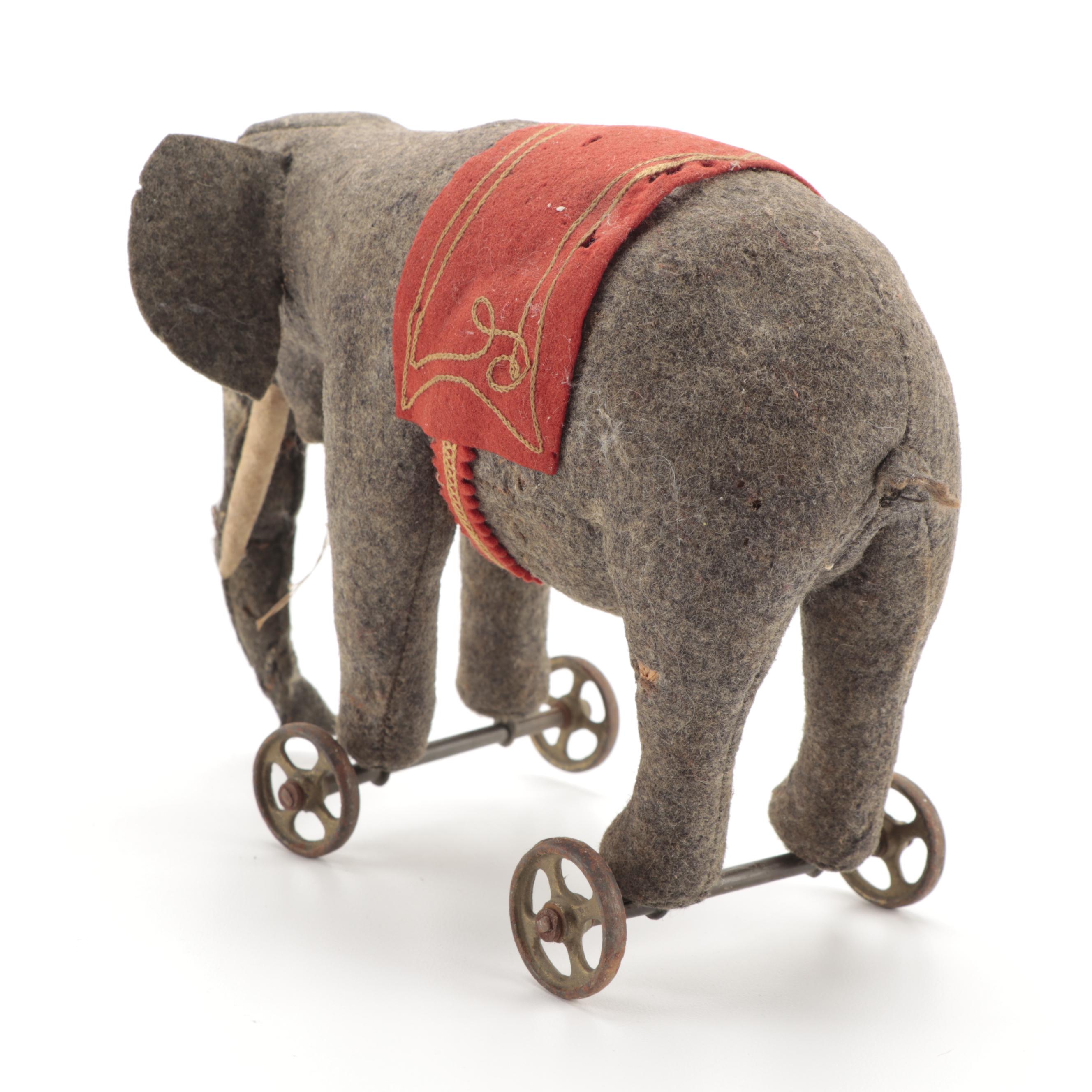 Felt Circus Elephant on Wheels Pull Toy, Late 19th/ Early 20th Century