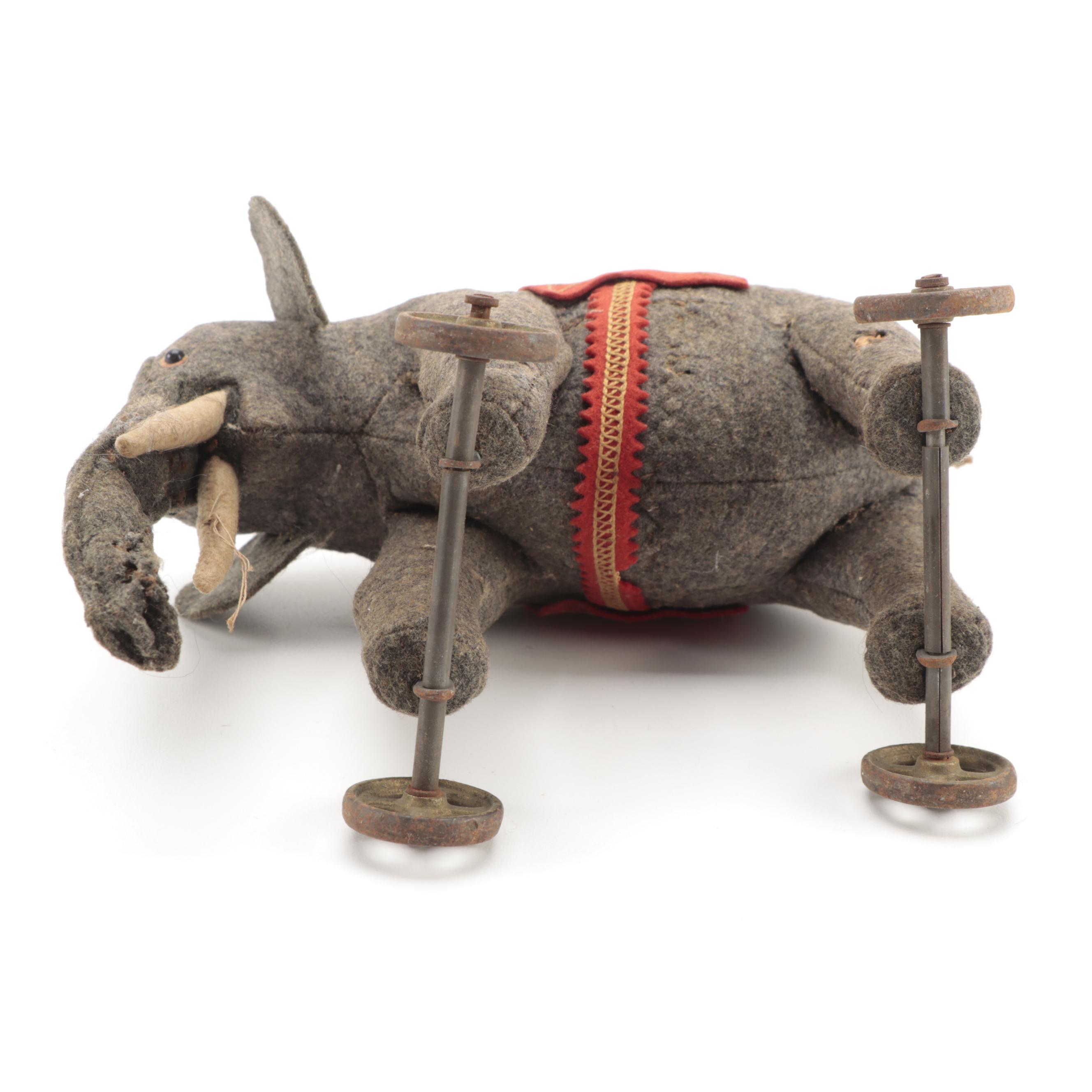 Felt Circus Elephant on Wheels Pull Toy, Late 19th/ Early 20th Century