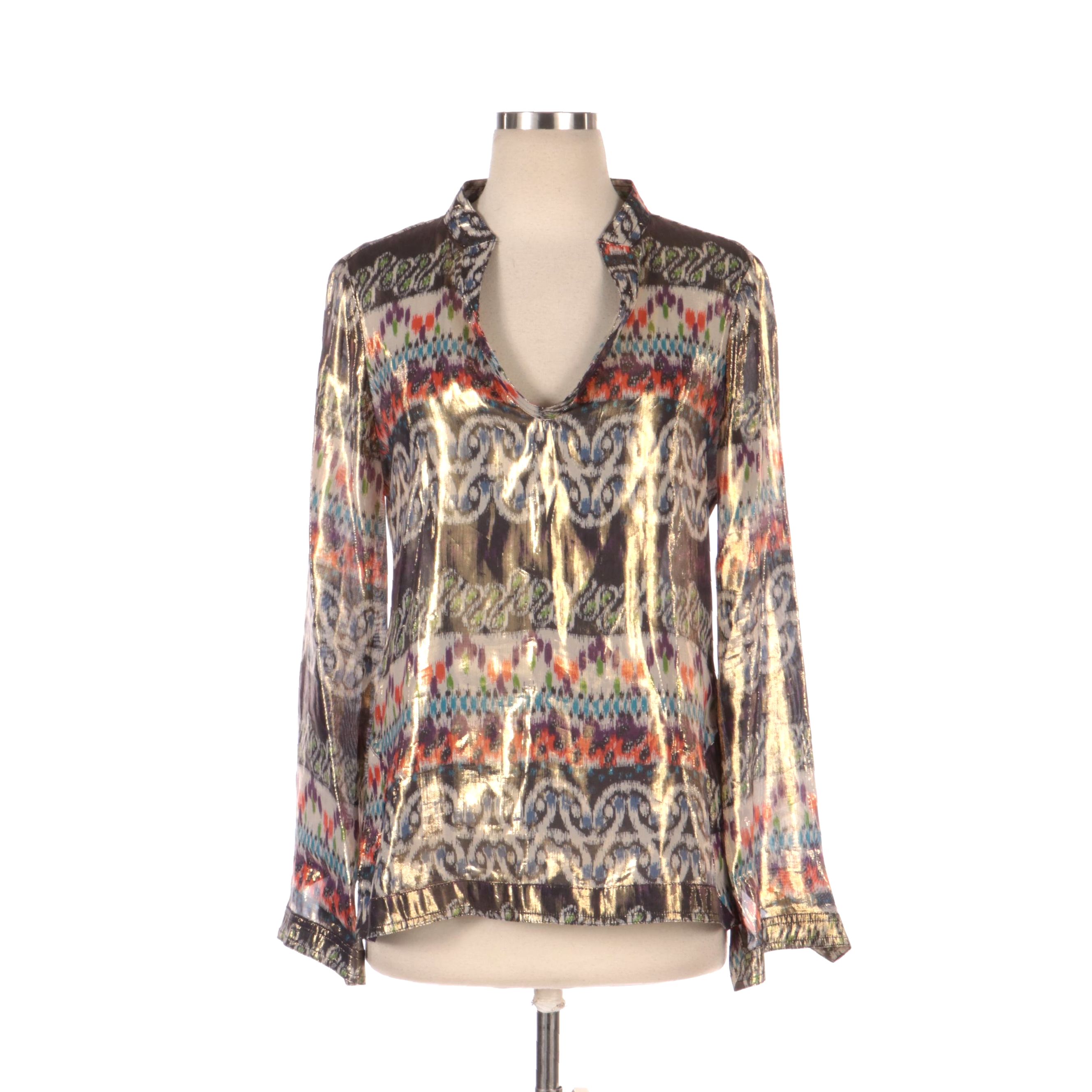 Tory Burch Silk and Metallic Ikat Patterned Tunic Blouse
