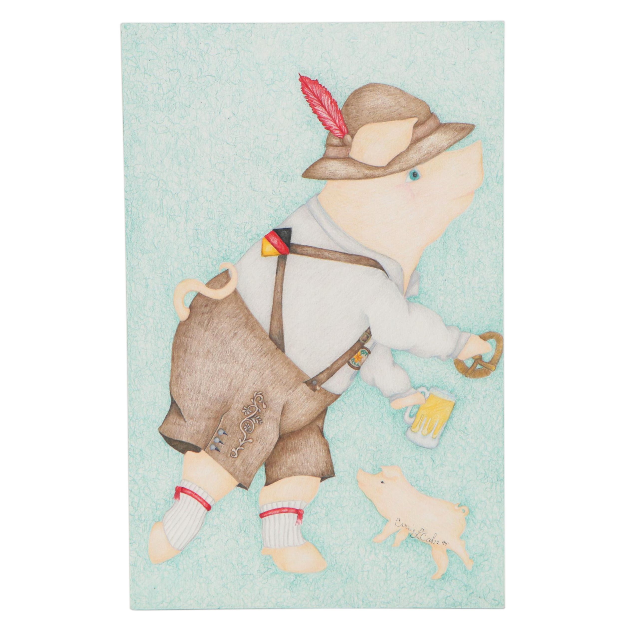 Carrie Lynn Cooke Colored Pencil Illustration "Oinktoberfest," 1999