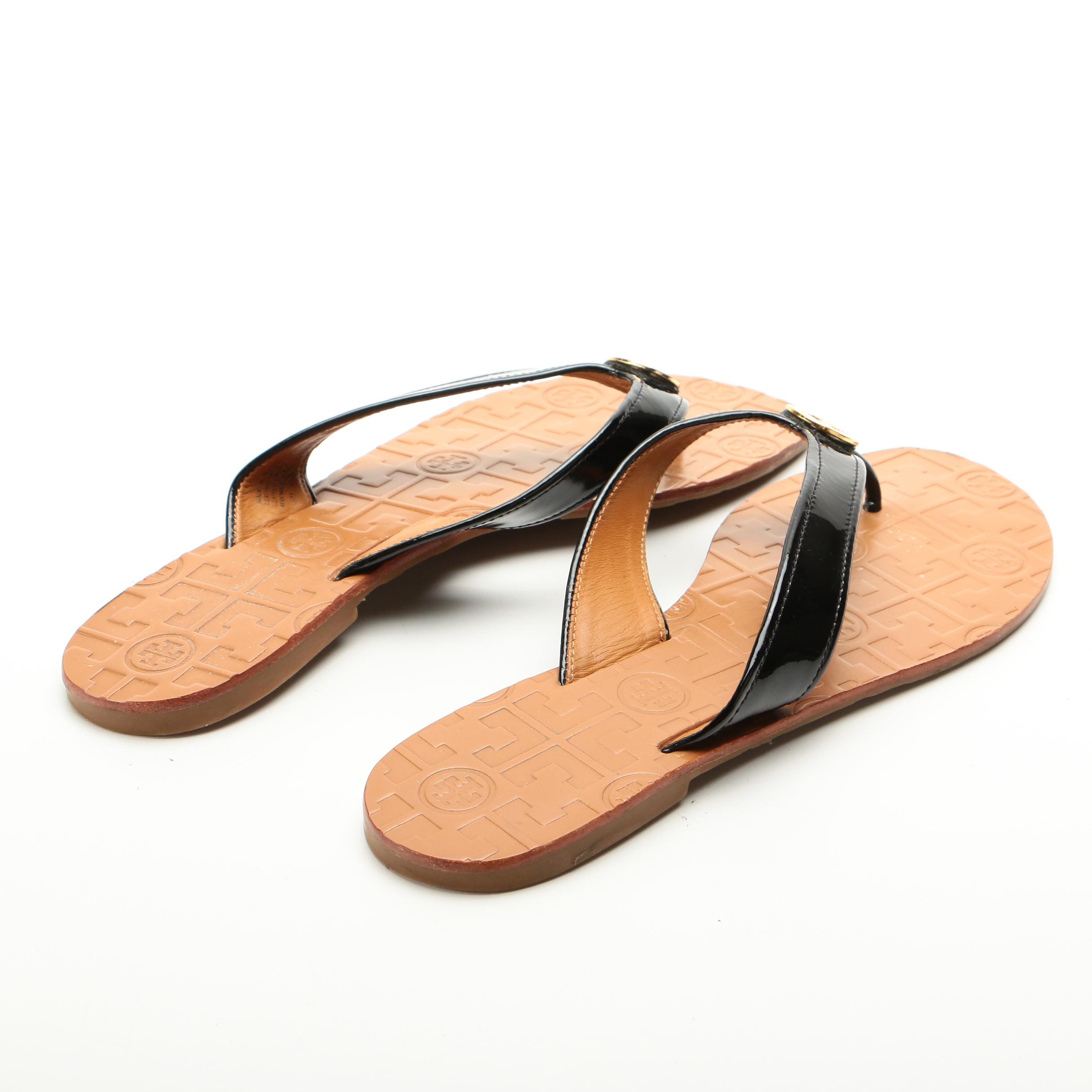 Tory Burch Manon Thong Sandals in Black Patent Leather