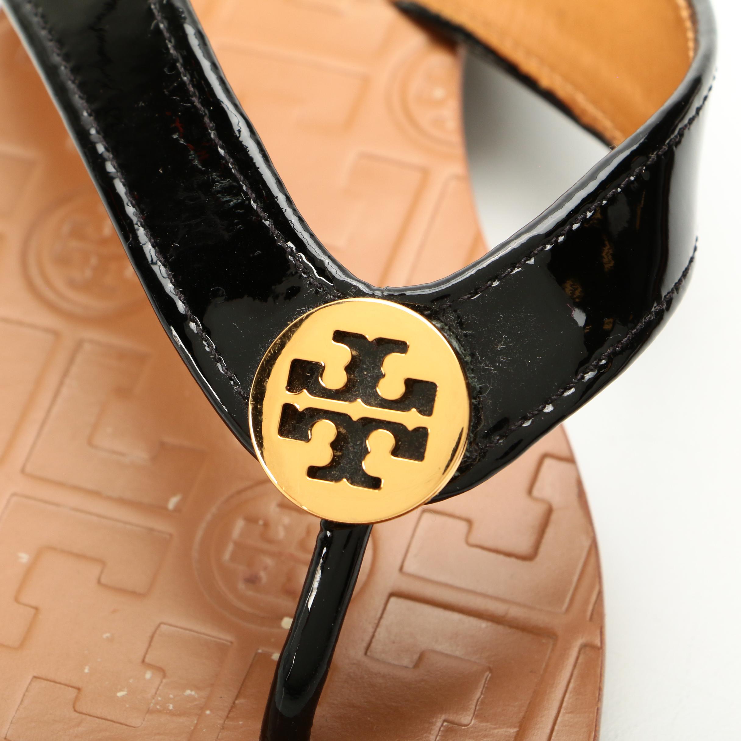 Tory Burch Manon Thong Sandals in Black Patent Leather