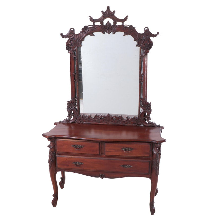 Asian Inspired Carved Chest of Drawers with Mirror, 20th Century