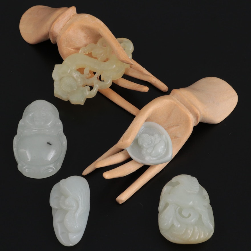 Chinese Carved Nephrite, Quartz and Jadeite Medallions and Wooden Hand Figurines