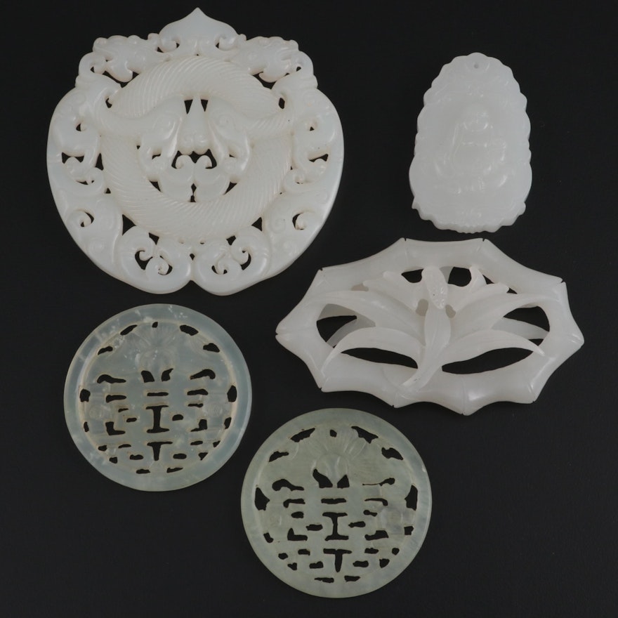 Chinese Carved Calcite, Chalcedony and Serpentine Medallions