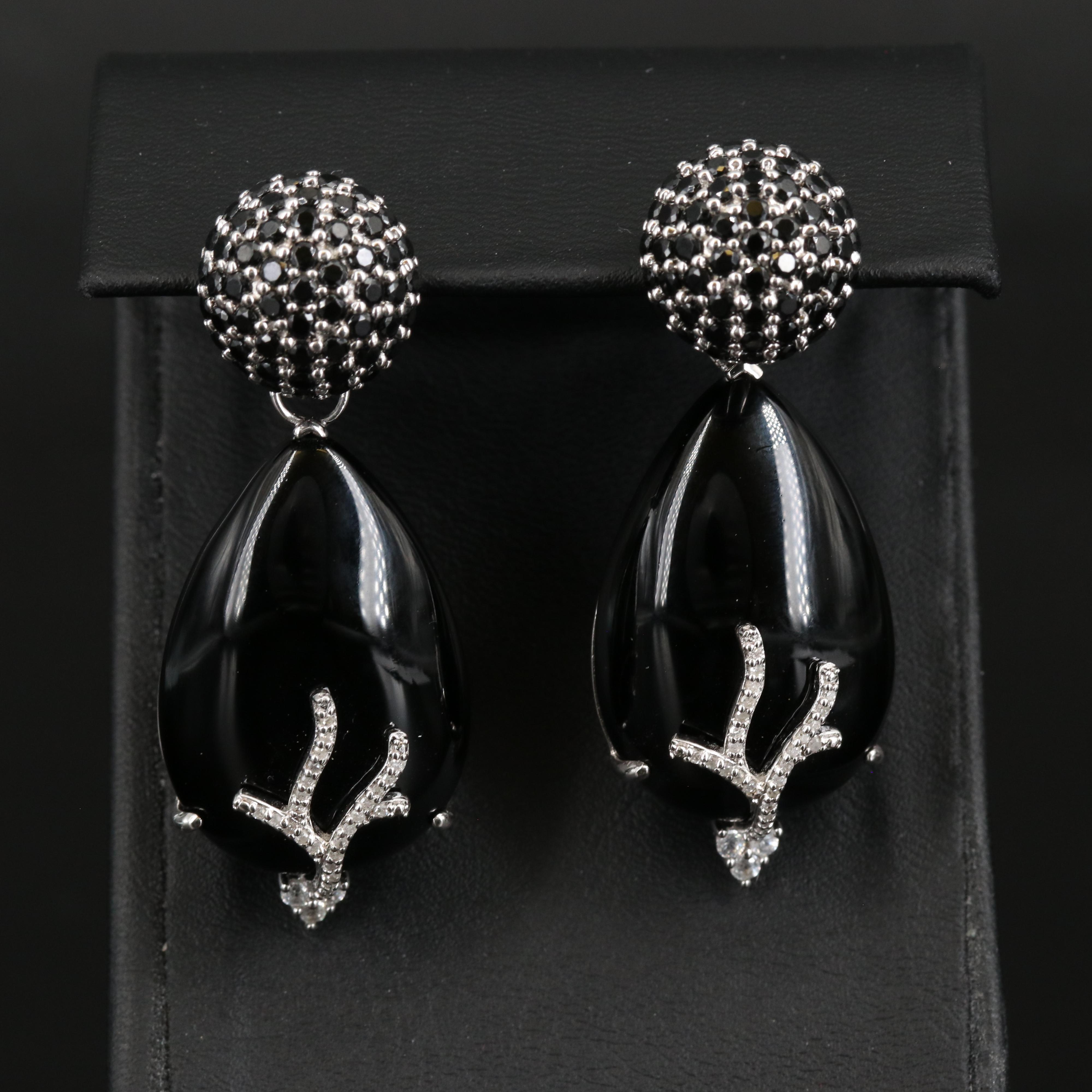 Sterling Silver Black Onyx, Diamond and Spinel Earrings with Removable Drops
