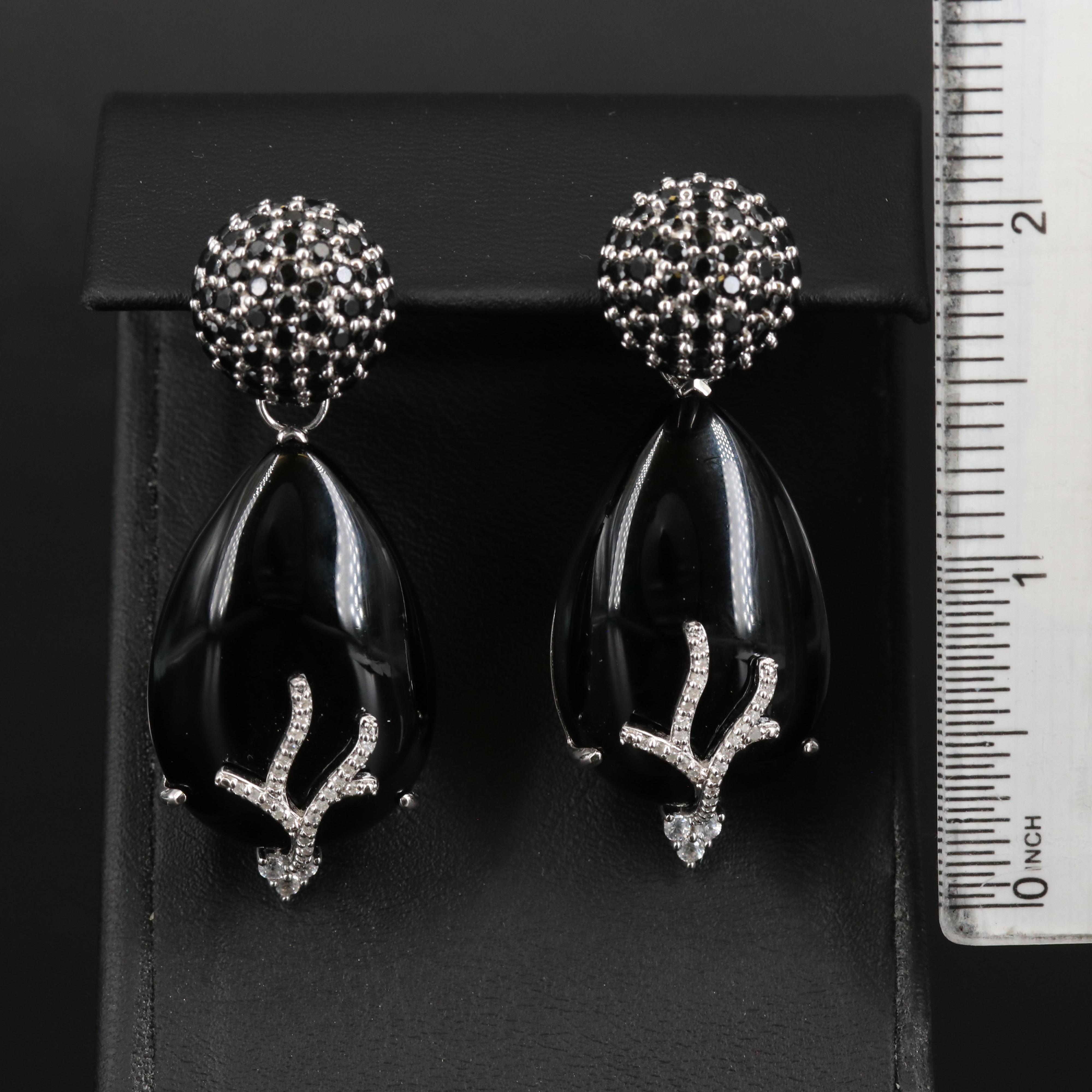 Sterling Silver Black Onyx, Diamond and Spinel Earrings with Removable Drops