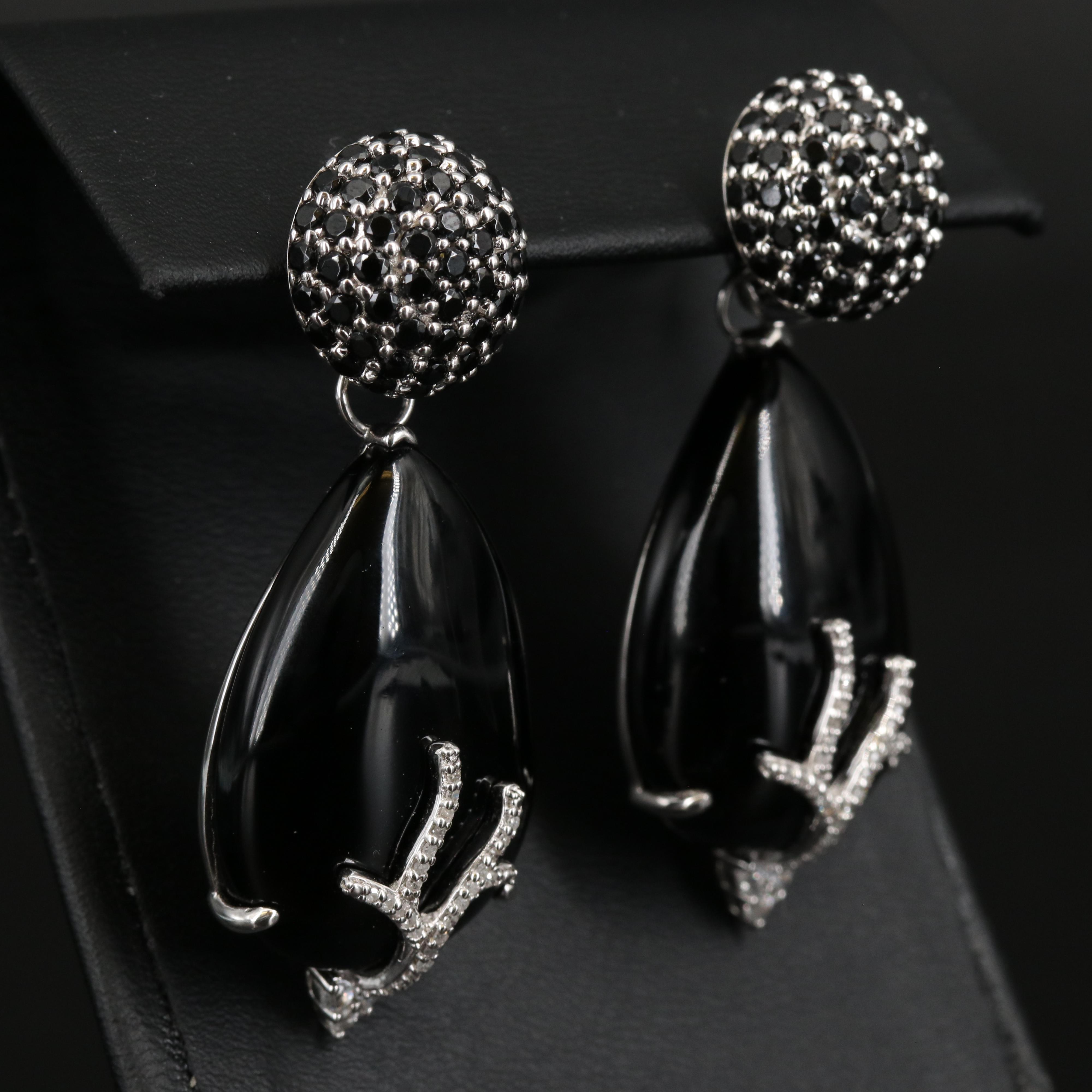 Sterling Silver Black Onyx, Diamond and Spinel Earrings with Removable Drops
