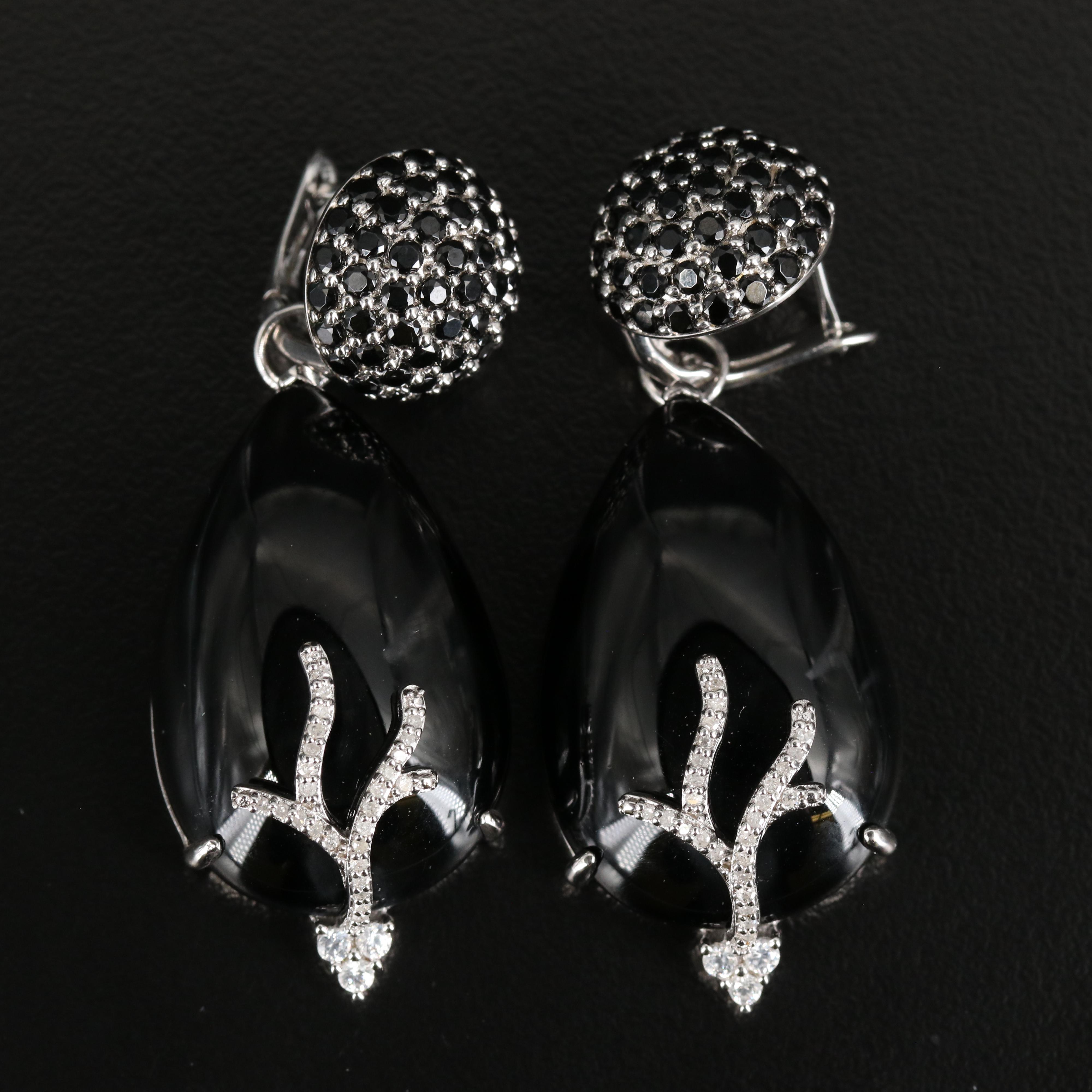 Sterling Silver Black Onyx, Diamond and Spinel Earrings with Removable Drops