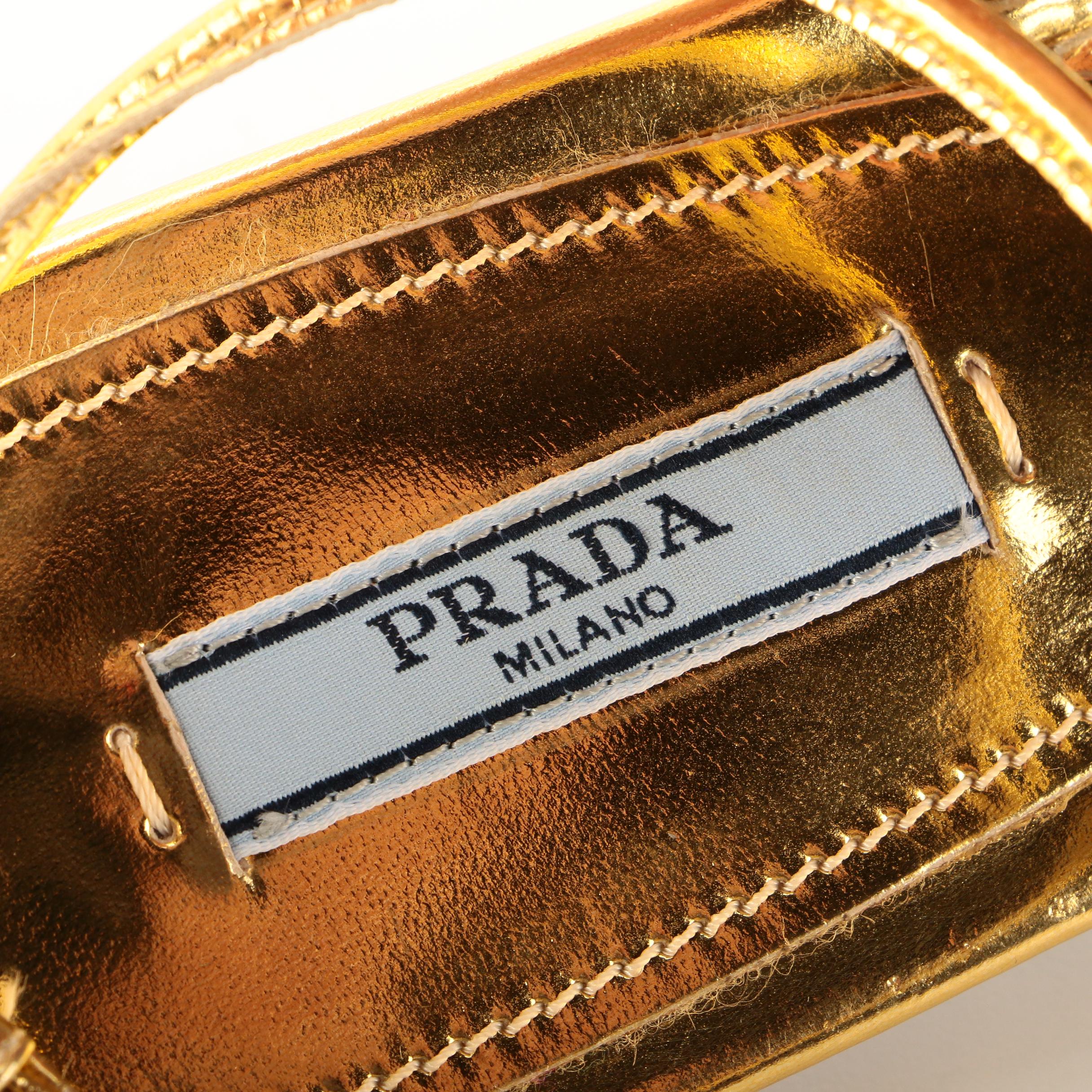 Prada Gold Metallic Leather and Black T-Strap Flat Sandals with Bow Detail